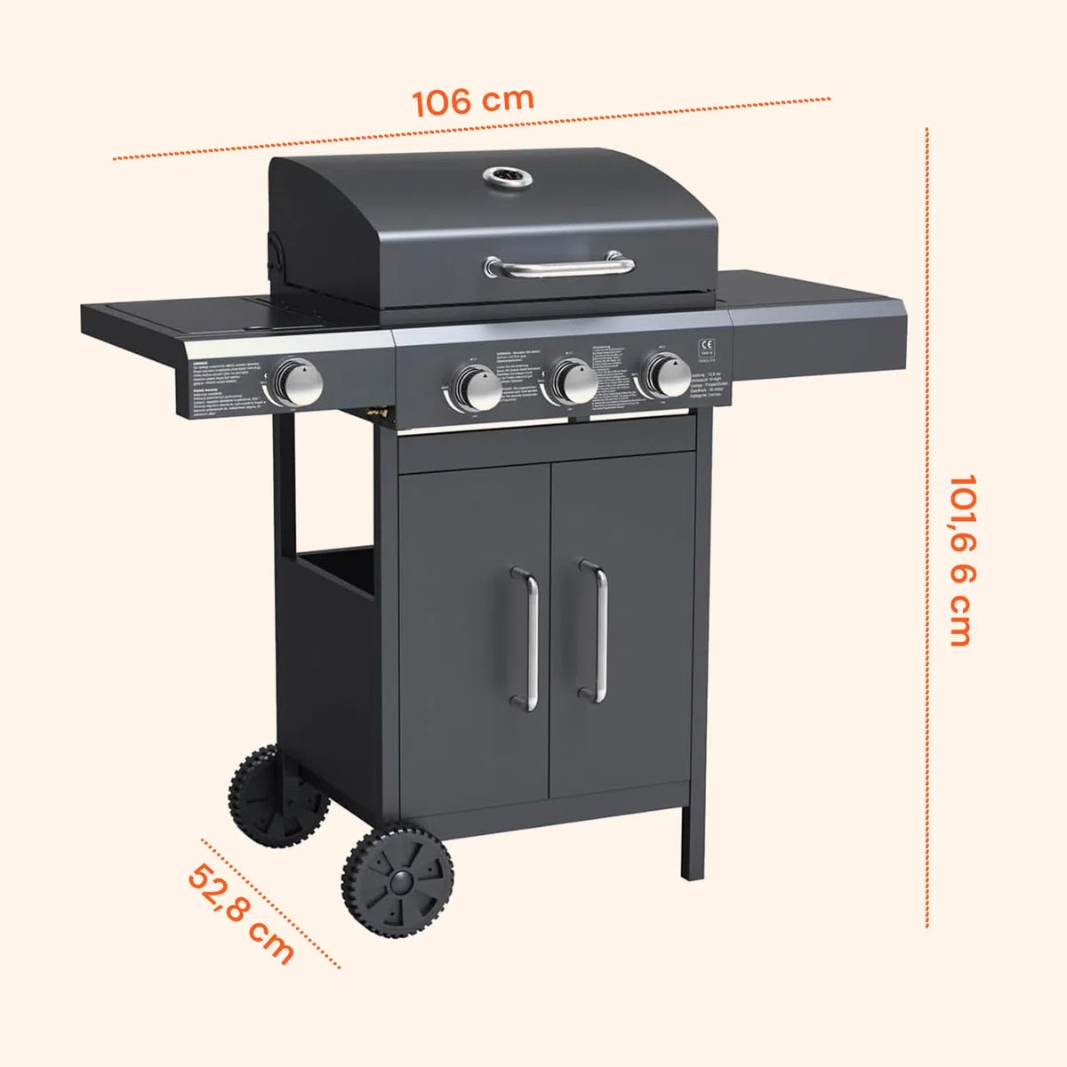 Avilia Barbecue a Gas GPL 3 Fuochi Fornello Laterale Griglia Acciaio Piastra Ghisa BBQ Termometro