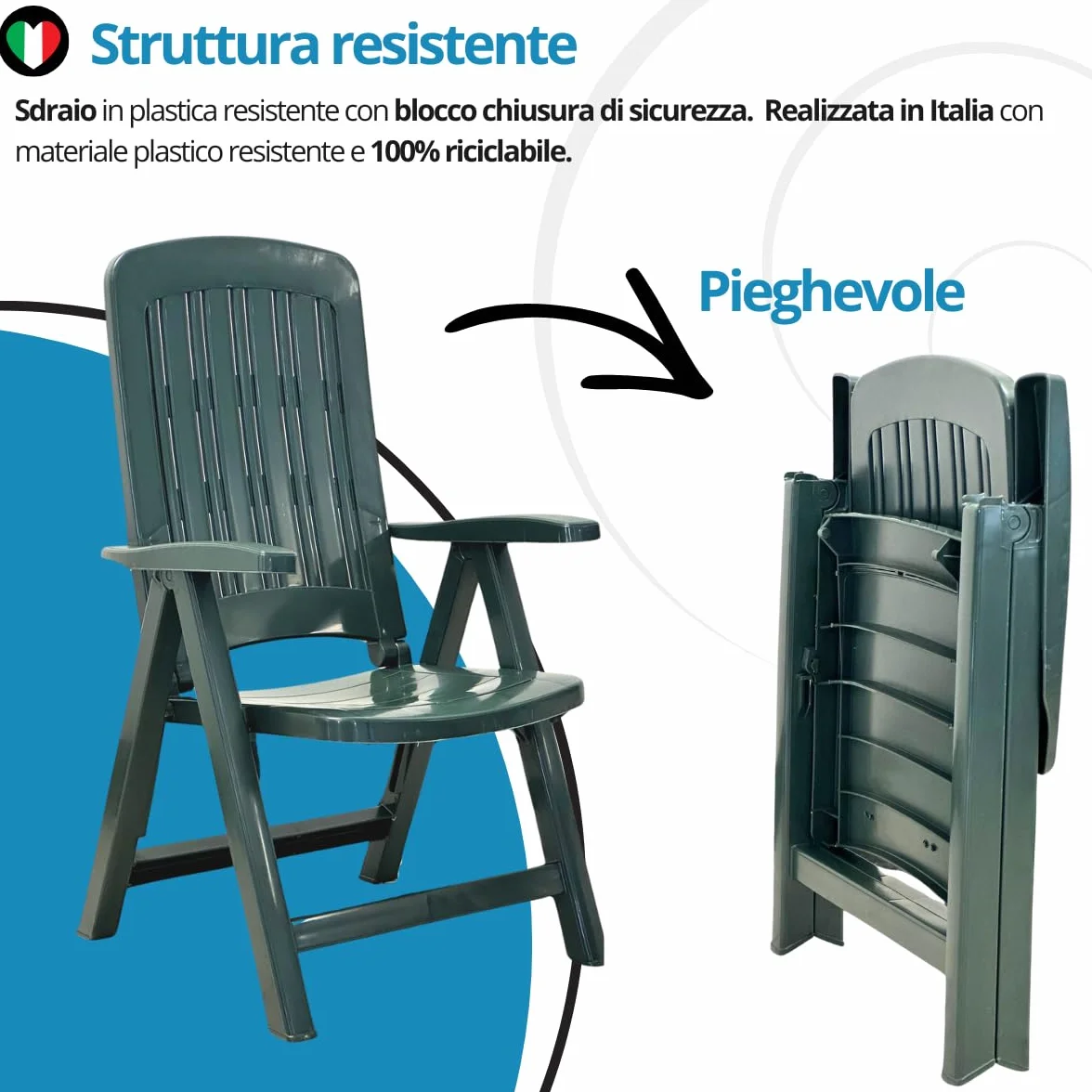 Tomaino Sdraio da giardino pieghevole in plastica - Poltrona per esterno, casa, campeggio reclinabile - 5 posizioni- Con braccioli (Nero)