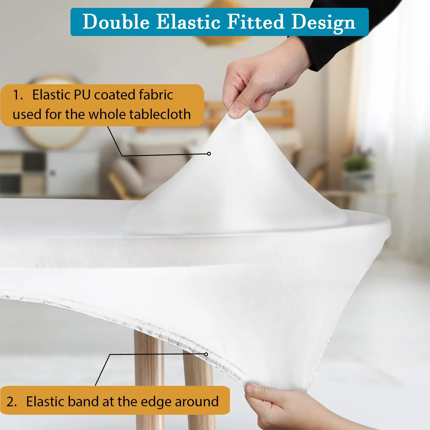 Doppia PU Rotondo Fitted Tovaglia Anti-Tear Elastica Impermeabile Antiolio Bianco 57''-60''