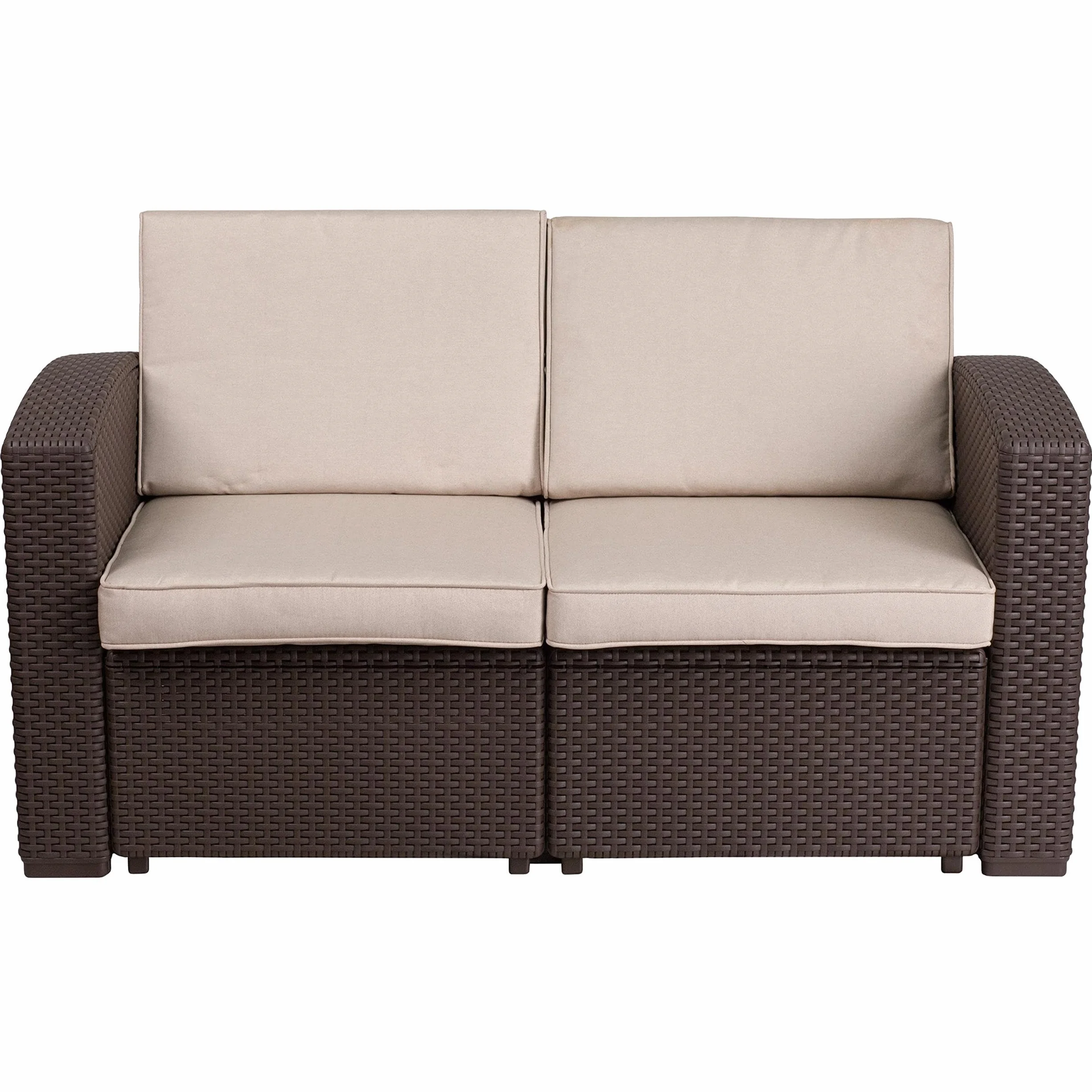 Flash Furniture Divanetto Seneca in finta rattan marrone cioccolato con cuscini beige resistenti a tutte le condizioni atmosferiche
