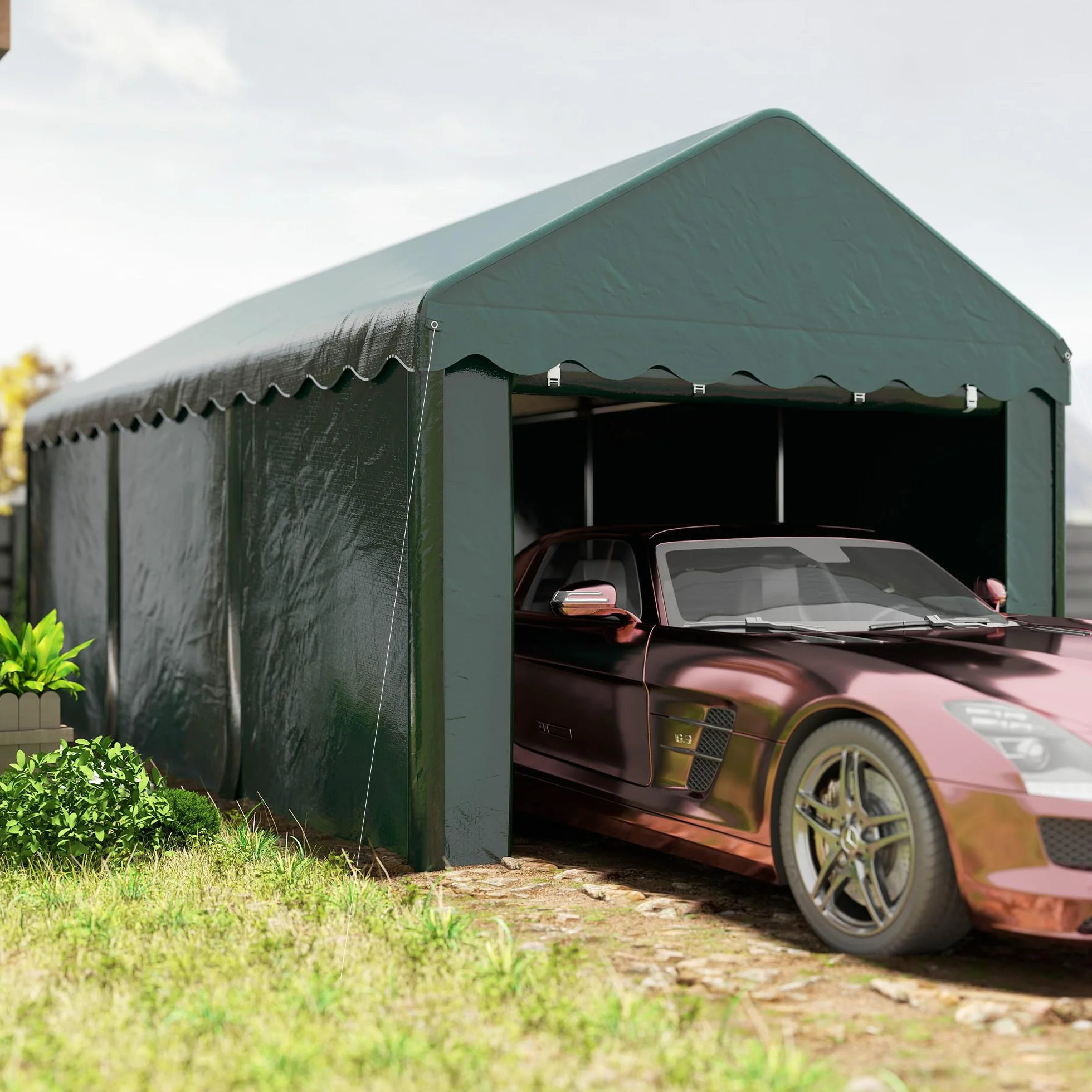 Outsunny Tenda da garage Carport 3 x 6 m con 2 porte avvolgibili, tessuto PE 200 g, resistente ai raggi UV e impermeabile, per auto, camion, barca, verde