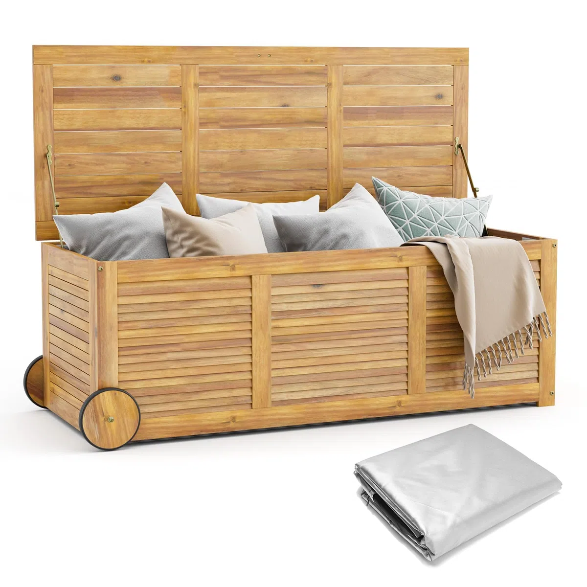 RELAX4LIFE Panca Baule182 L in Legno di Acacia con Ruote e Maniglie, Contenitore Portatutto da Interno Esterno, Cassapanca Contenitore da Interno,127x20x45cm