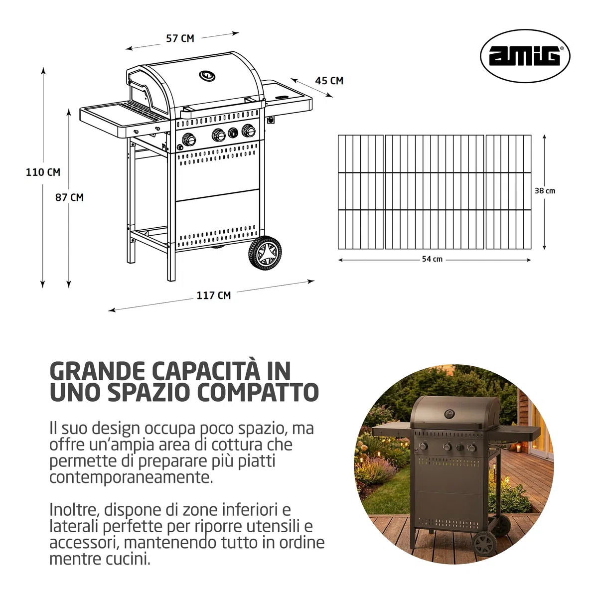 Amig Barbecue a gas IGNIS 3+1 117x55x110 cm Superficie cottura 54x38 cm Griglia ghisa Nero