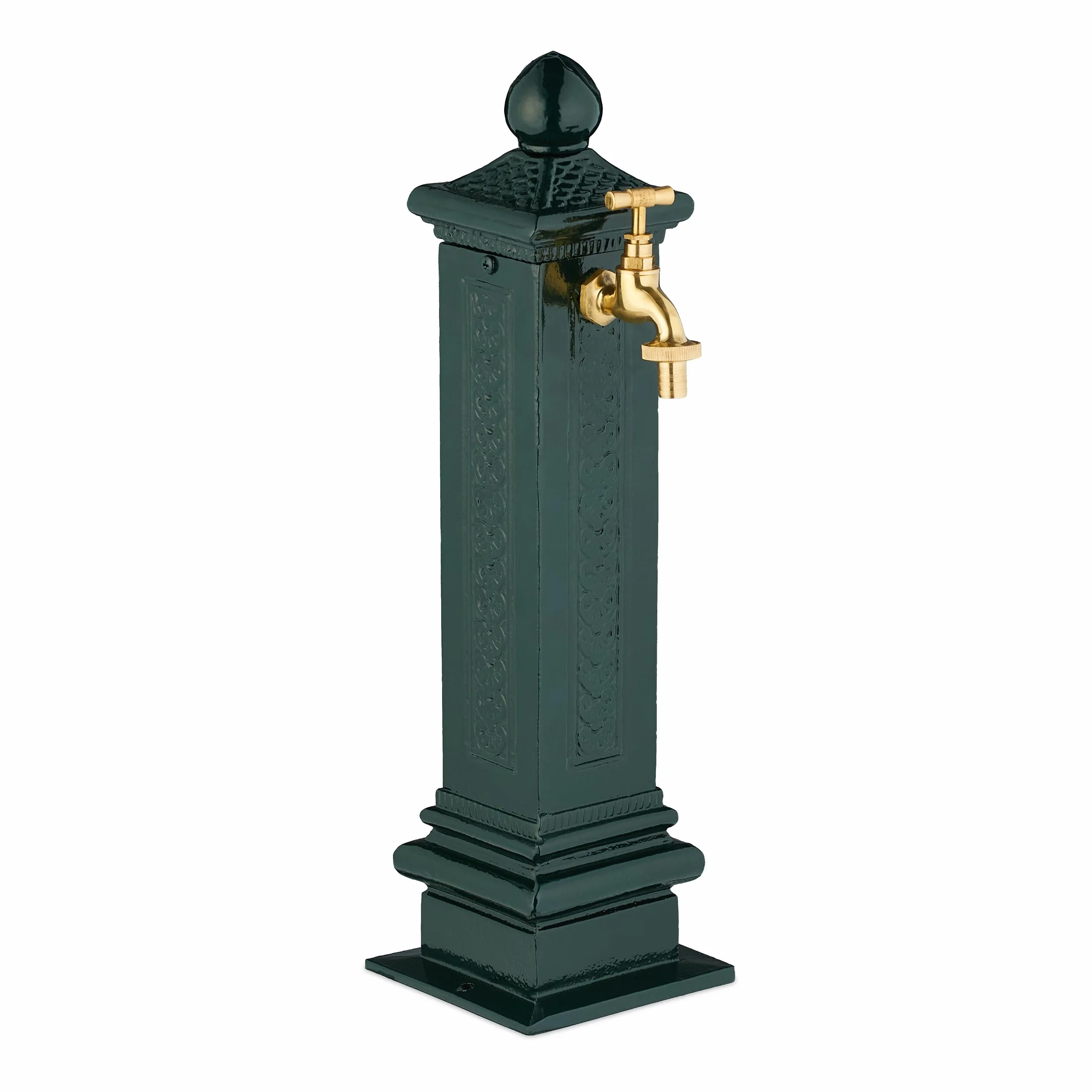 Relaxdays Fontana da Giardino in Stile Antico, Fontanella a Colonna con Rubinetto Acqua, HLP: 47x14x18,5 cm, Verde Scuro
