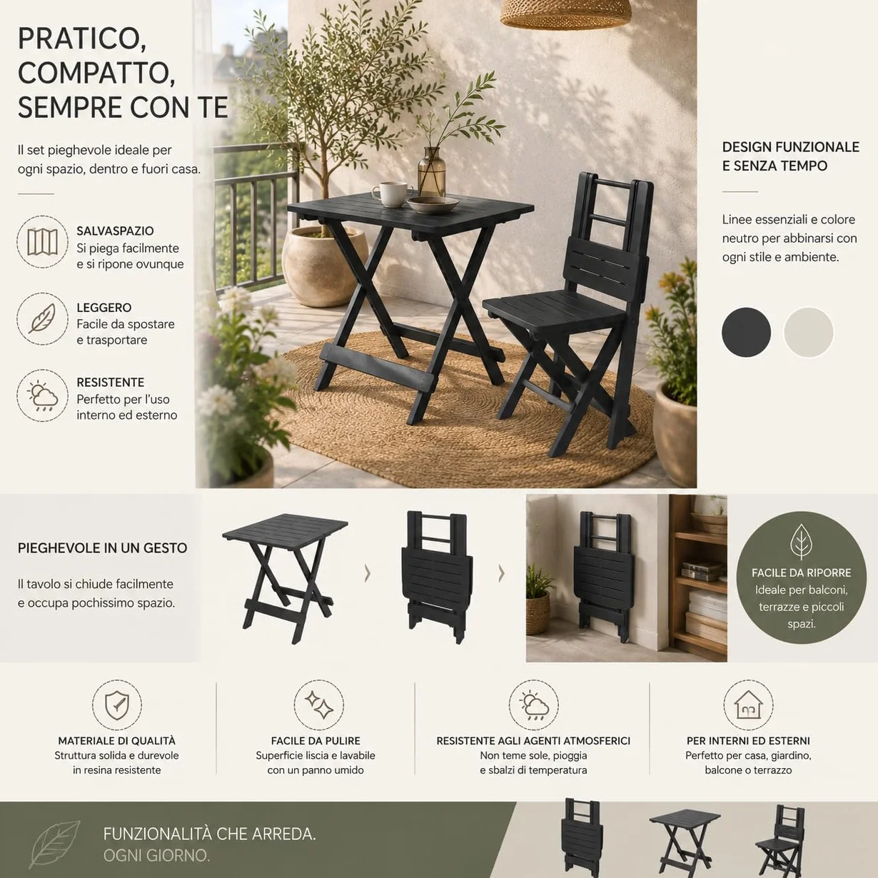 Tavolo da Giardino in Plastica Pieghevole Antracite 80x72xh70 cm Maury