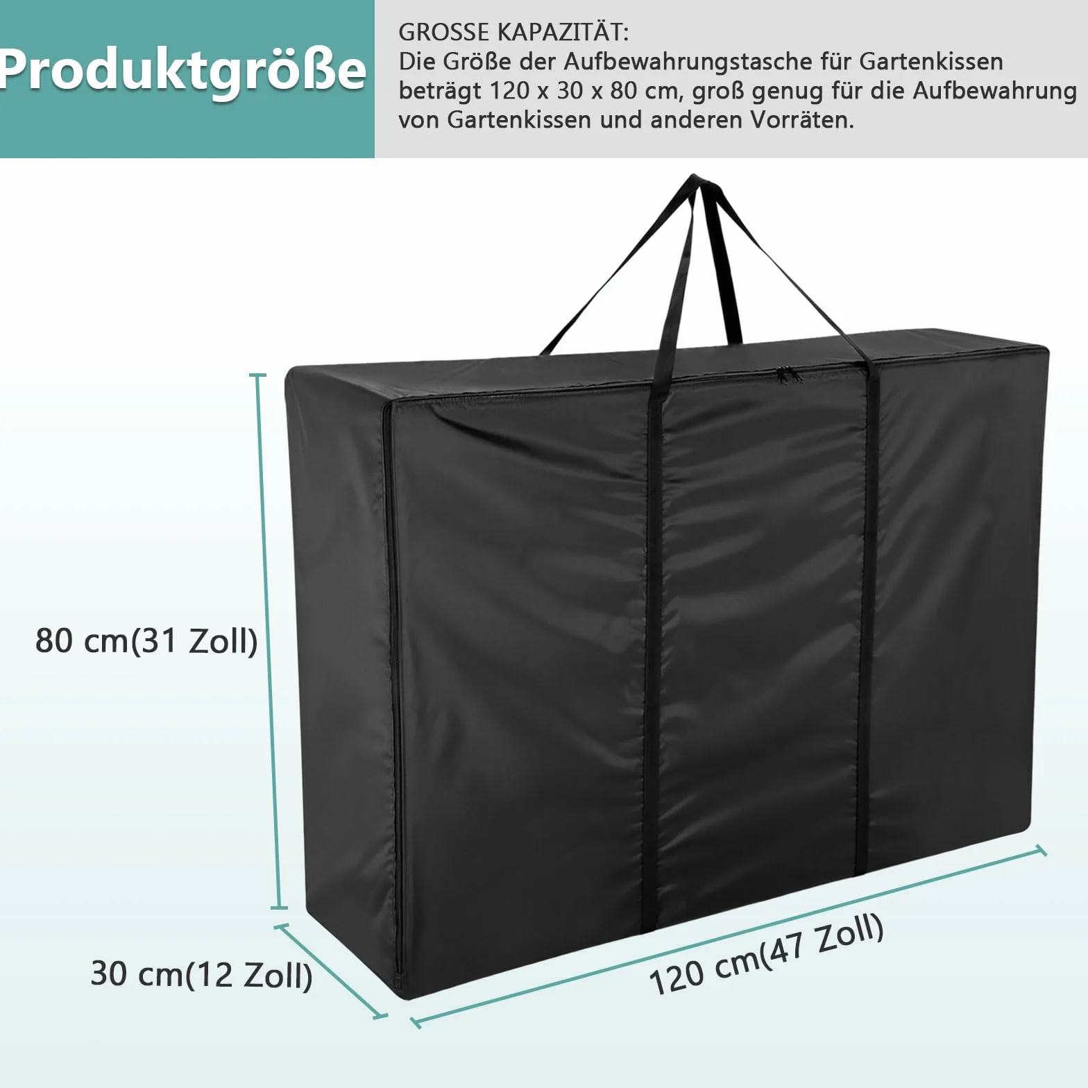 Borsa portaoggetti da giardino, impermeabile 420D, per cuscini da giardino, con chiusura lampo e maniglie, grande borsa nera (120 x 30 x 80 cm)