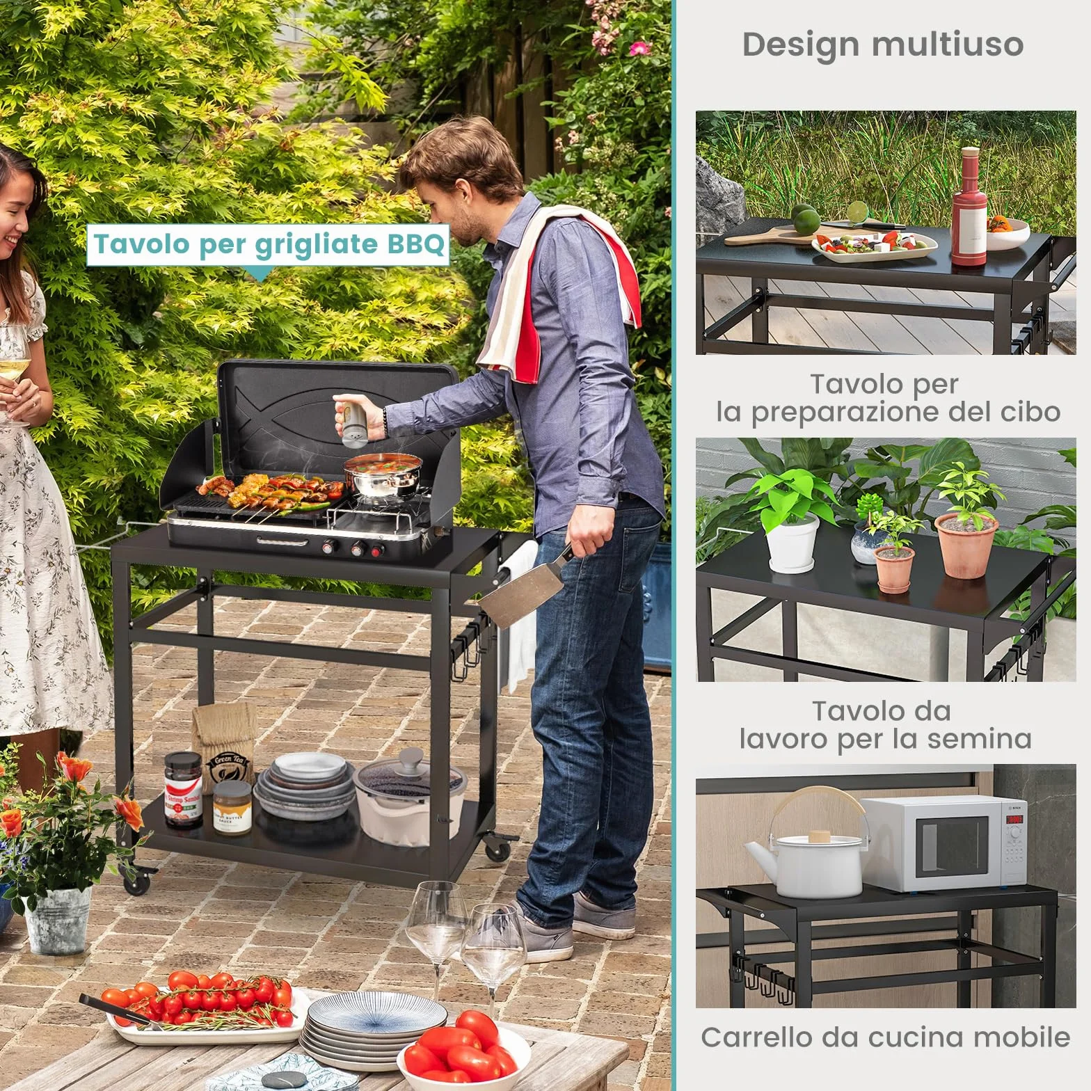 COSTWAY Carrello Barbecue da Esterno in Metallo con 2 Ripiani, 4 Ruote Bloccabili, Ganci, Maniglia Laterale
