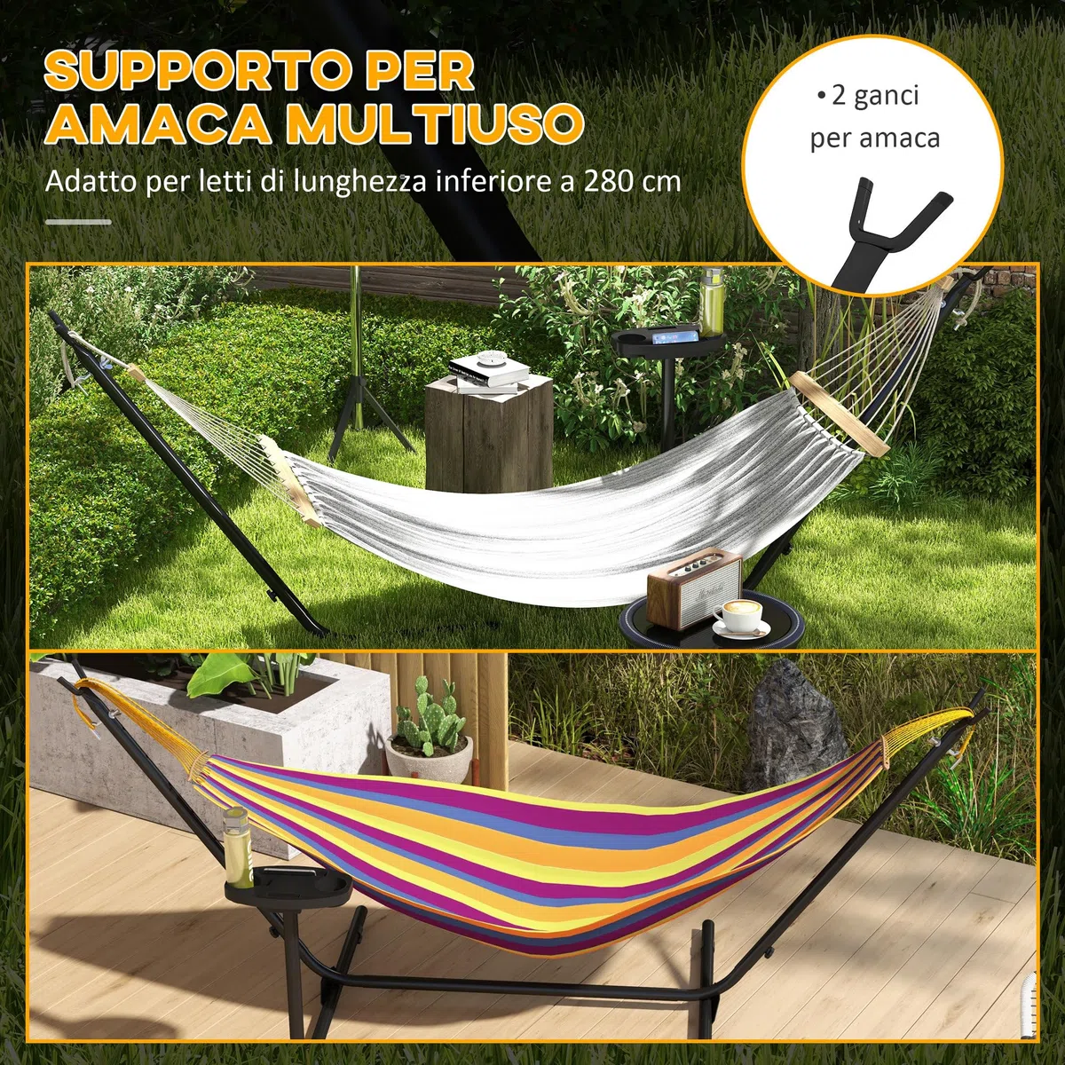 Outsunny Supporto per Amaca in Acciaio con Tavolino Integrato, Base per Amaca con Carico Massimo 150kg, Nero