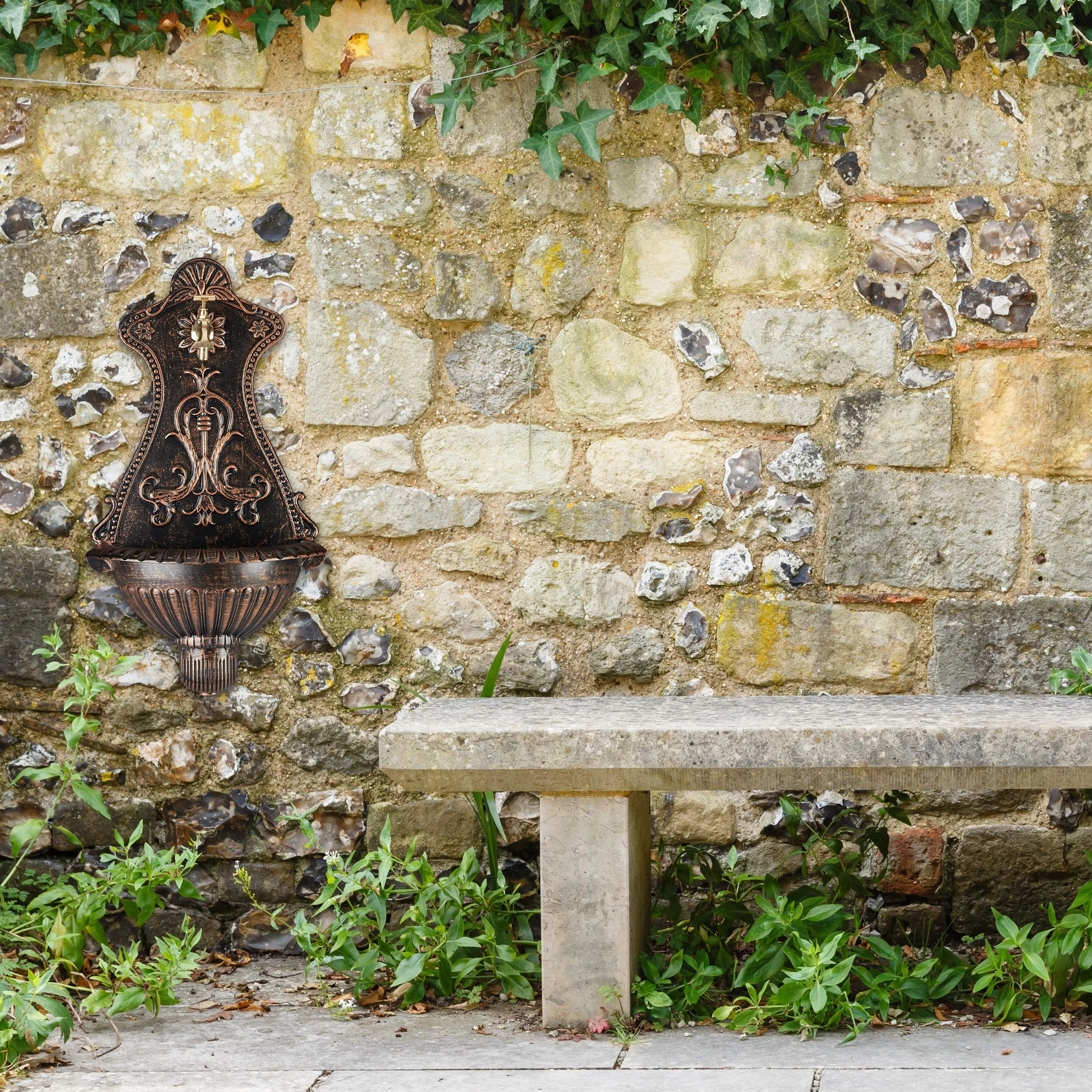 Relaxdays Fontana da Parete, Giardino, Stile Antico, Rubinetto, Vaschetta, da Parete, HxLxP: 66 x 37 x 19,5 cm, Bronzo
