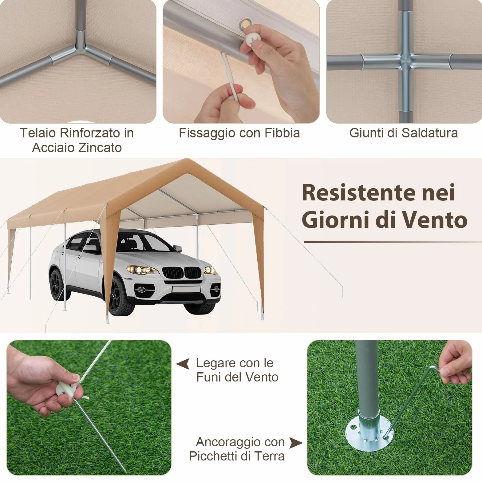 COSTWAY Gazebo Tenda per Posto Auto da Esterno, Tendone Garage per Auto, Carport Tenda Impermeabile in Metallo, 301 x 600 x 285 cm