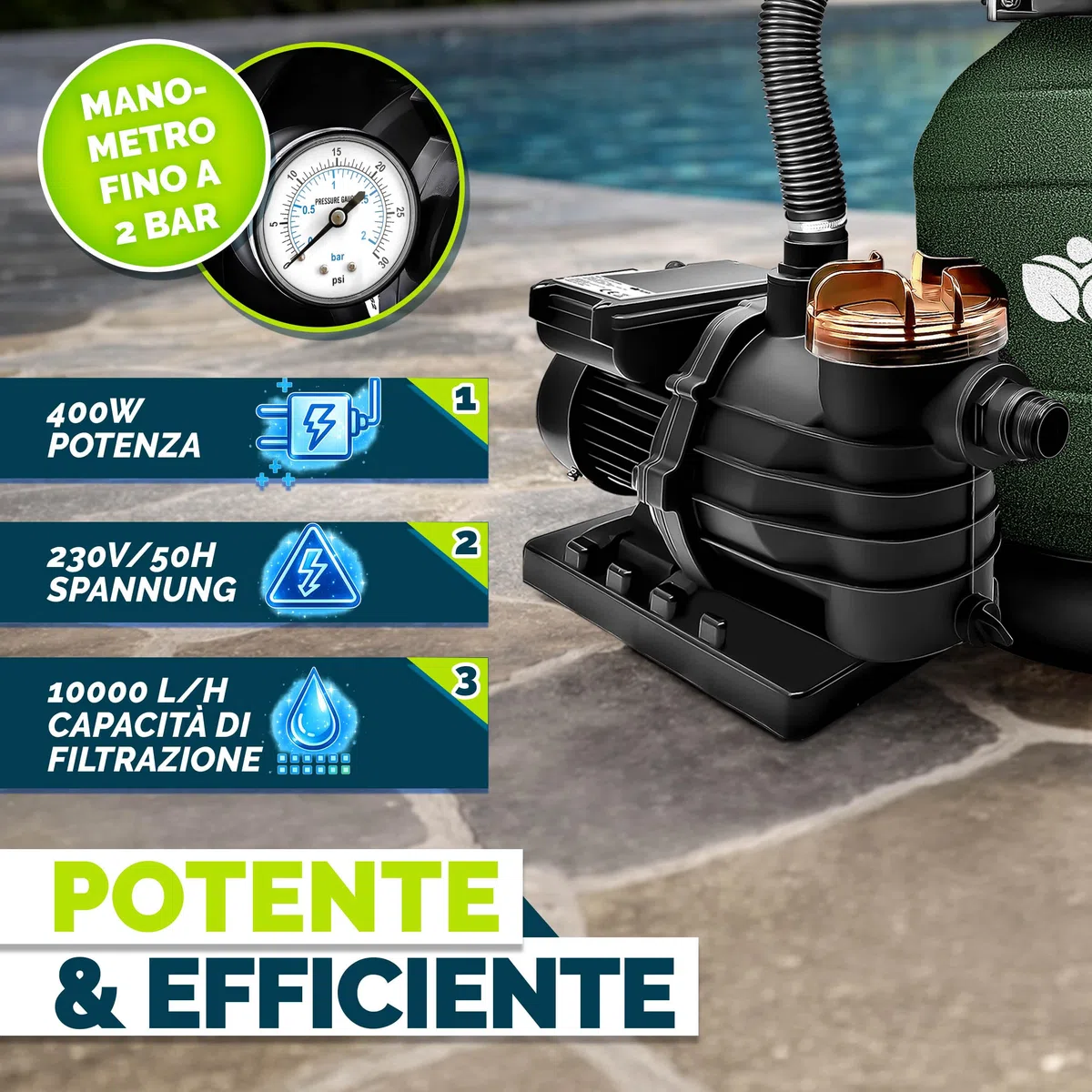 tillvex Depuratore d'acqua per piscina 10 m³/h 800 g sfere filtro Pompa filtro a sabbia con valvola