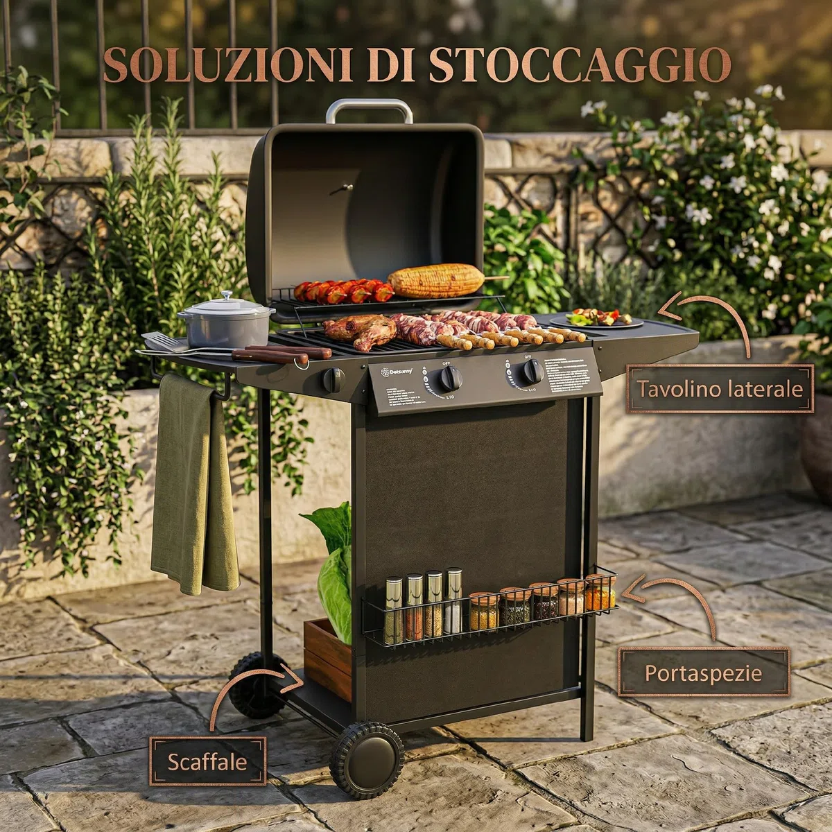 Outsunny Barbecue a Gas 7kW 2+1 Bruciatori con Coperchio, Termometro, Tavolino Laterale, Nero