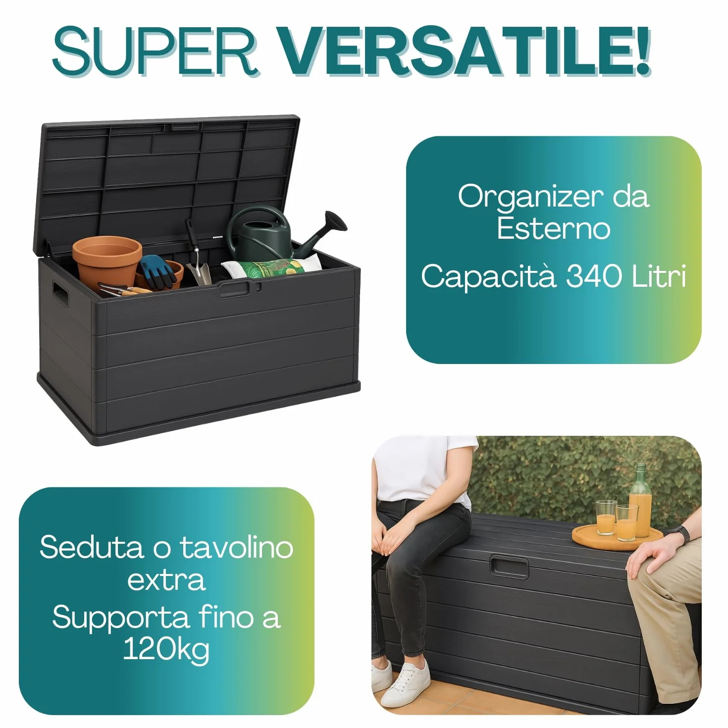 VIRSUS Baule da Giardino con Ruote, misura 118x59x57 cm, Cassapanca Effetto Legno Antracite, Impermeabile, Chiusura Lucchettabile, Contenitore da Esterno, Capacità 340 Litri -ALP001F