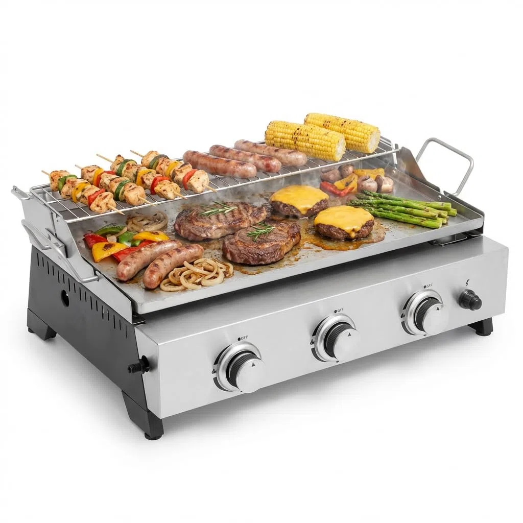 METRO PROFESSIONAL Barbecue a Gas Tornada 3 Bruciatori Piastra Acciaio Inox 61.5×32 cm 7.5 kW Argento