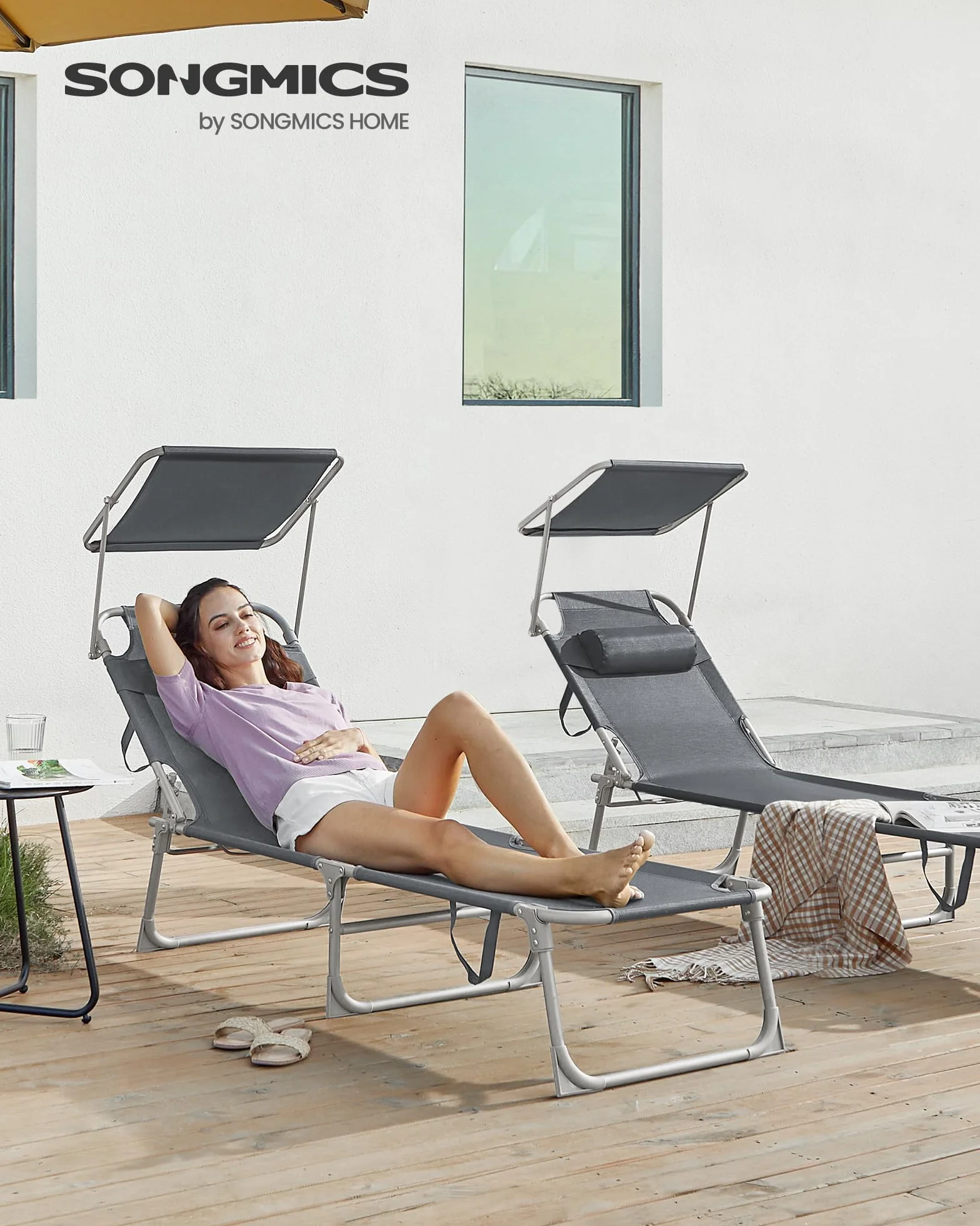 SONGMICS Lettino Prendisole Pieghevole 193x53x29 cm Max Portata 150 kg Poggiatesta Parasole Schienale Reclinabile Grigio Scuro