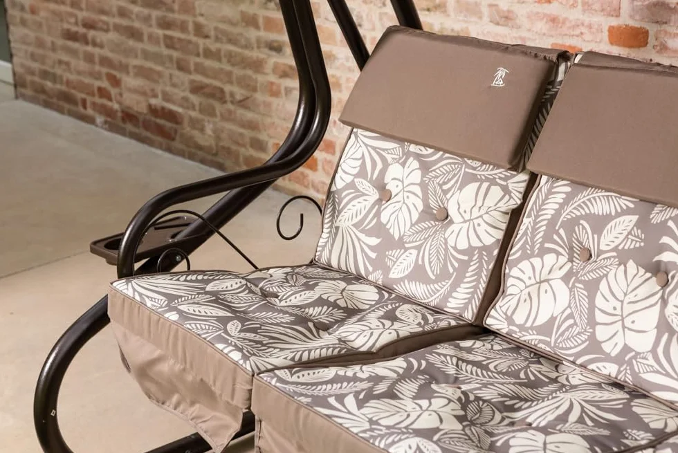 Dondolo reclinabile da giardino 3 Posti con funzione letto e tettuccio regolabile, cuscini imbottiti 7 cm con poggiatesta rimovibili e struttura in acciaio verniciato Mizar (Bronzo Tropicana)