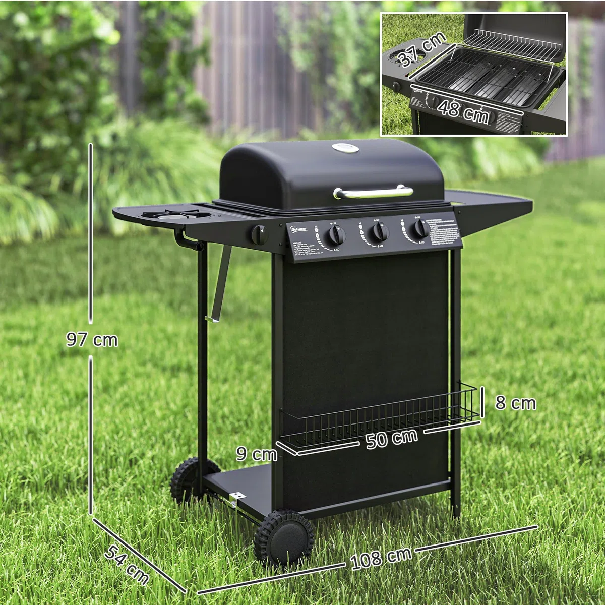 Outsunny Barbecue a Gas 4 Bruciatori 9.5kW con Coperchio Termometro Ruote Nero