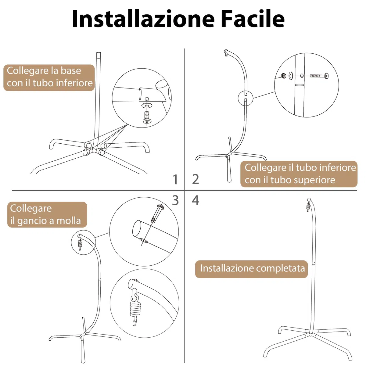 COSTWAY Supporto per Amaca a C, Base per Sedia Sospesa in Metallo Pesante con Gancio a Molla e Rotazione a 360°, Telaio per Amaca per Interni ed Esterni, Portata 180 kg