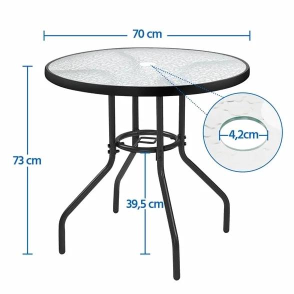 Yaheetech Tavolo da Giardino Rotondo in Vetro Diametro 70 cm con Foro Ombrellone Altezza 73 cm Nero