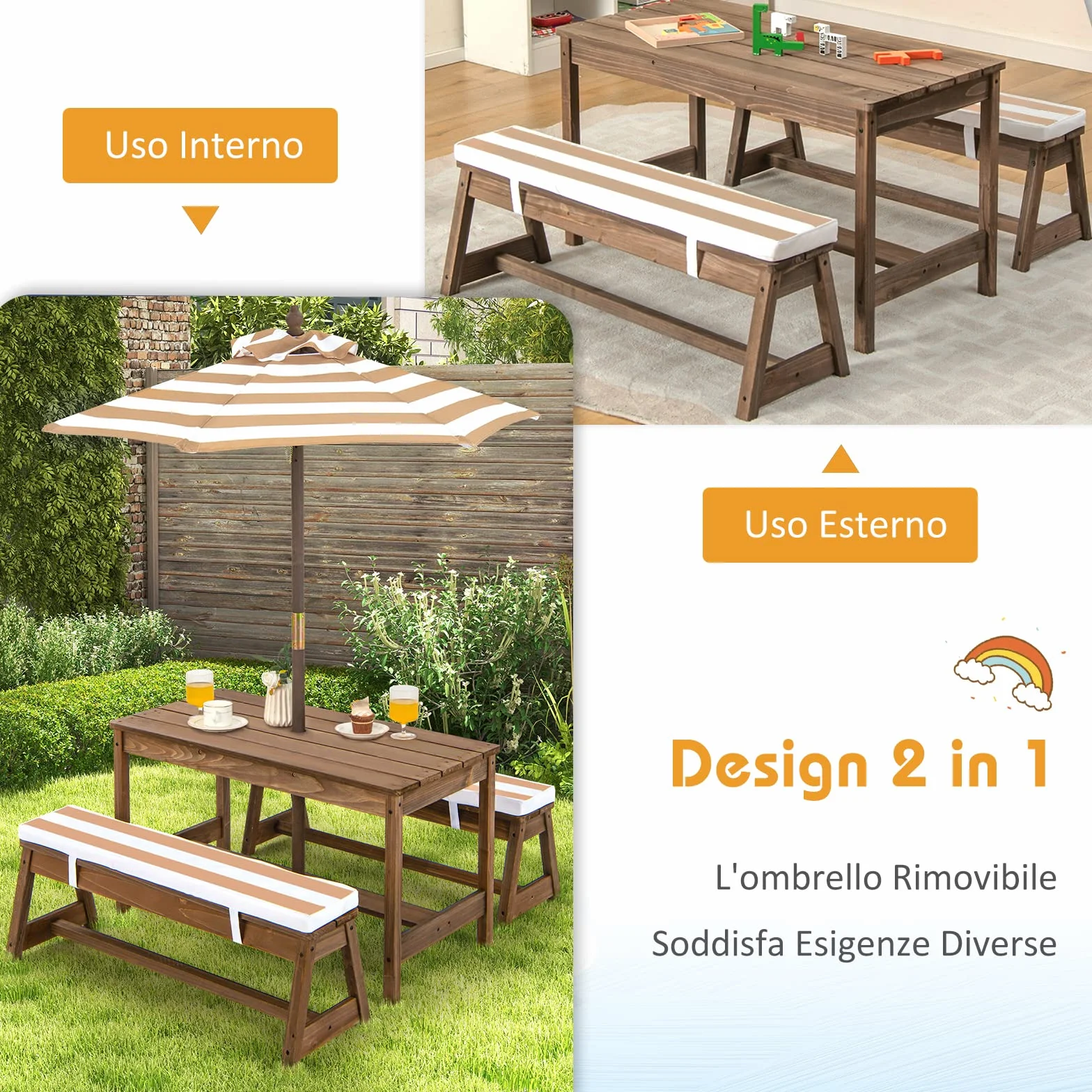 COSTWAY Tavolo da Picnic per Bambini con Parasole Pieghevole, Set Tavolo e Panca in Legno con Cuscini, Marrone