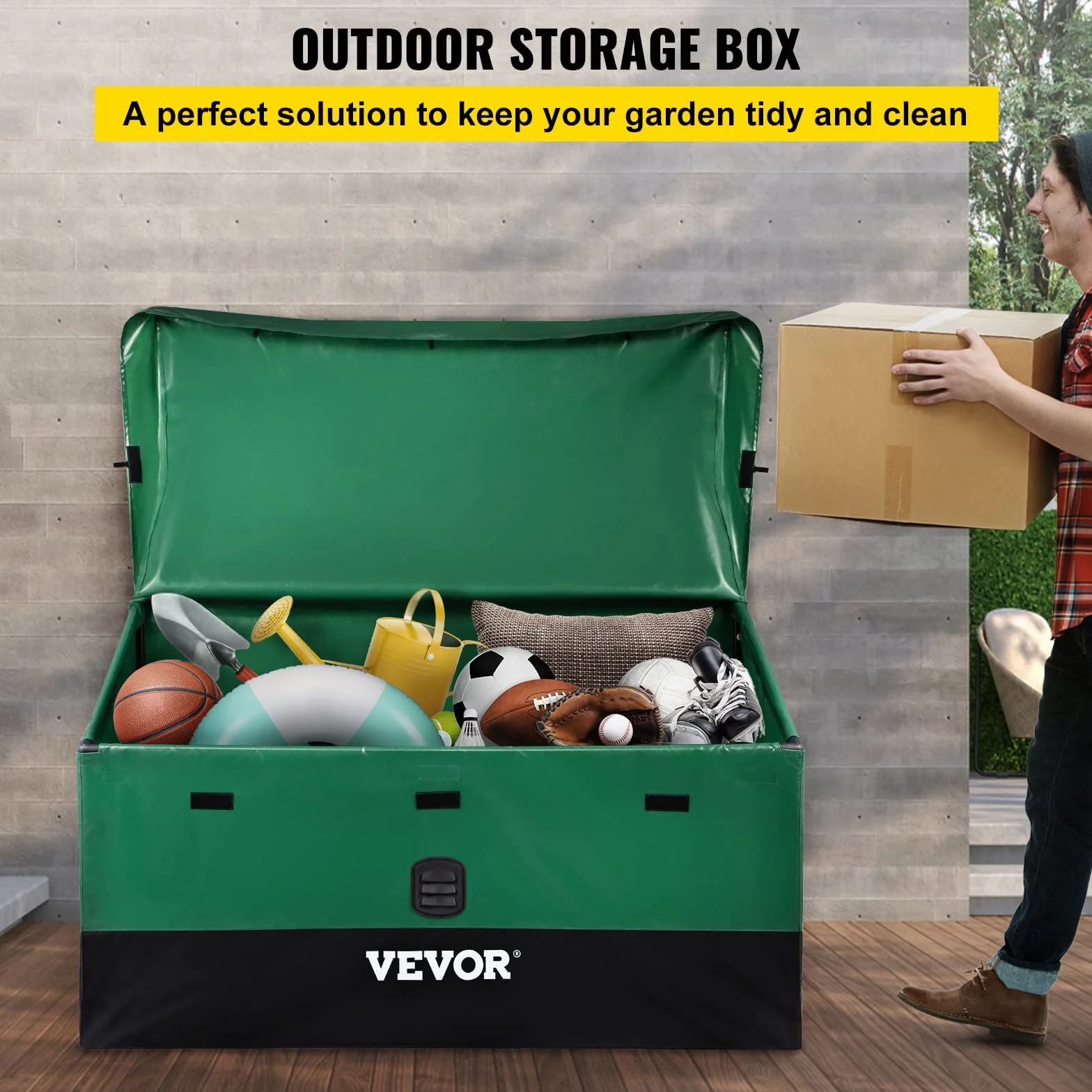 VEVOR Scatola per Stoccaggio da Esterno in PE Impermeabile con Coperchio Manici Laterali Volume da 440L, Contenitore Porta Attrezzi da Giardino con Coperchio Inclinata Capienza 440L, Baule da Giardino