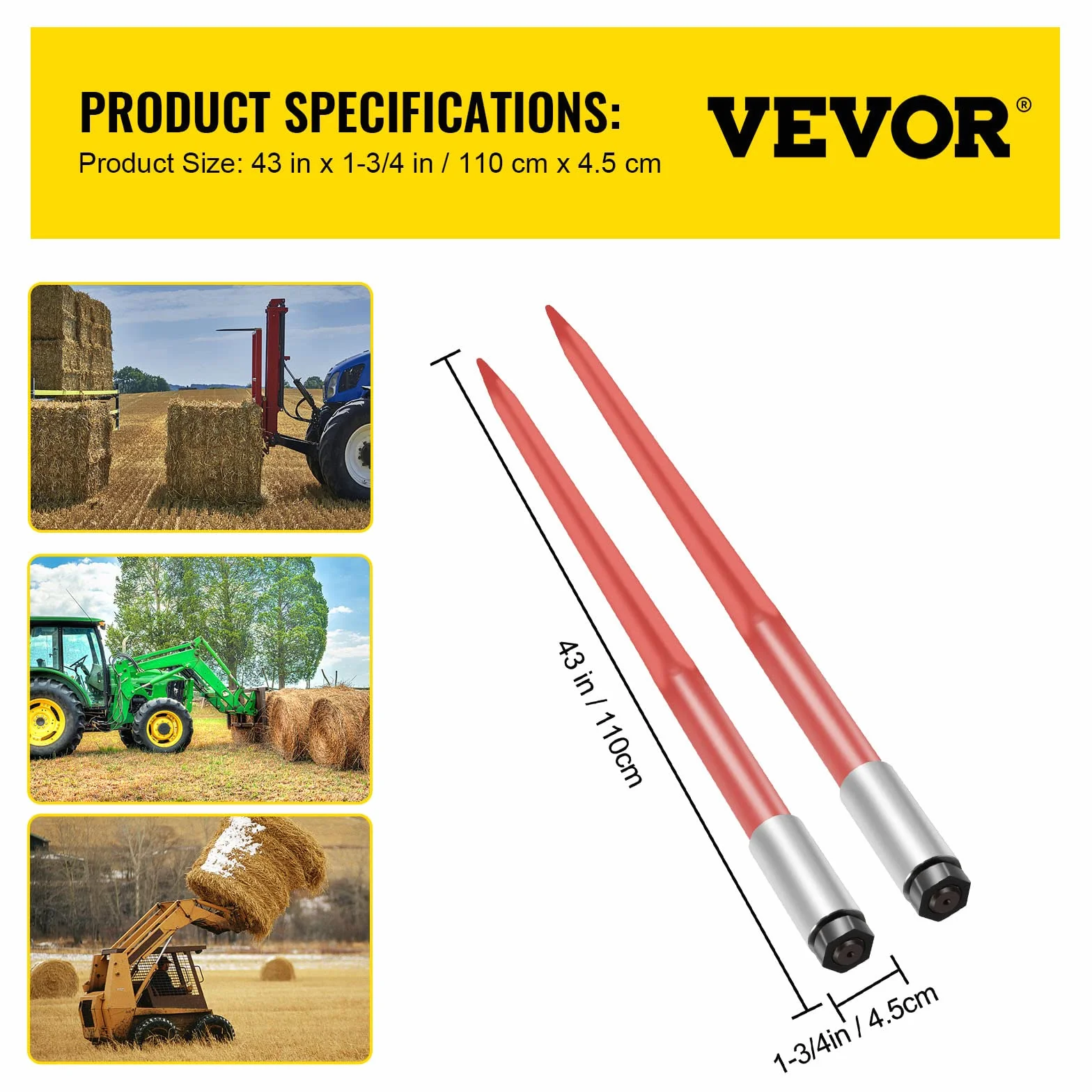 VEVOR Coppia lancia per fieno 43" lancia per balle, capacità 3000 libbre, punta per balle ad attacco rapido lancia quadrata per balle di fieno 1 3/4", forche per balle rivestite di rosso