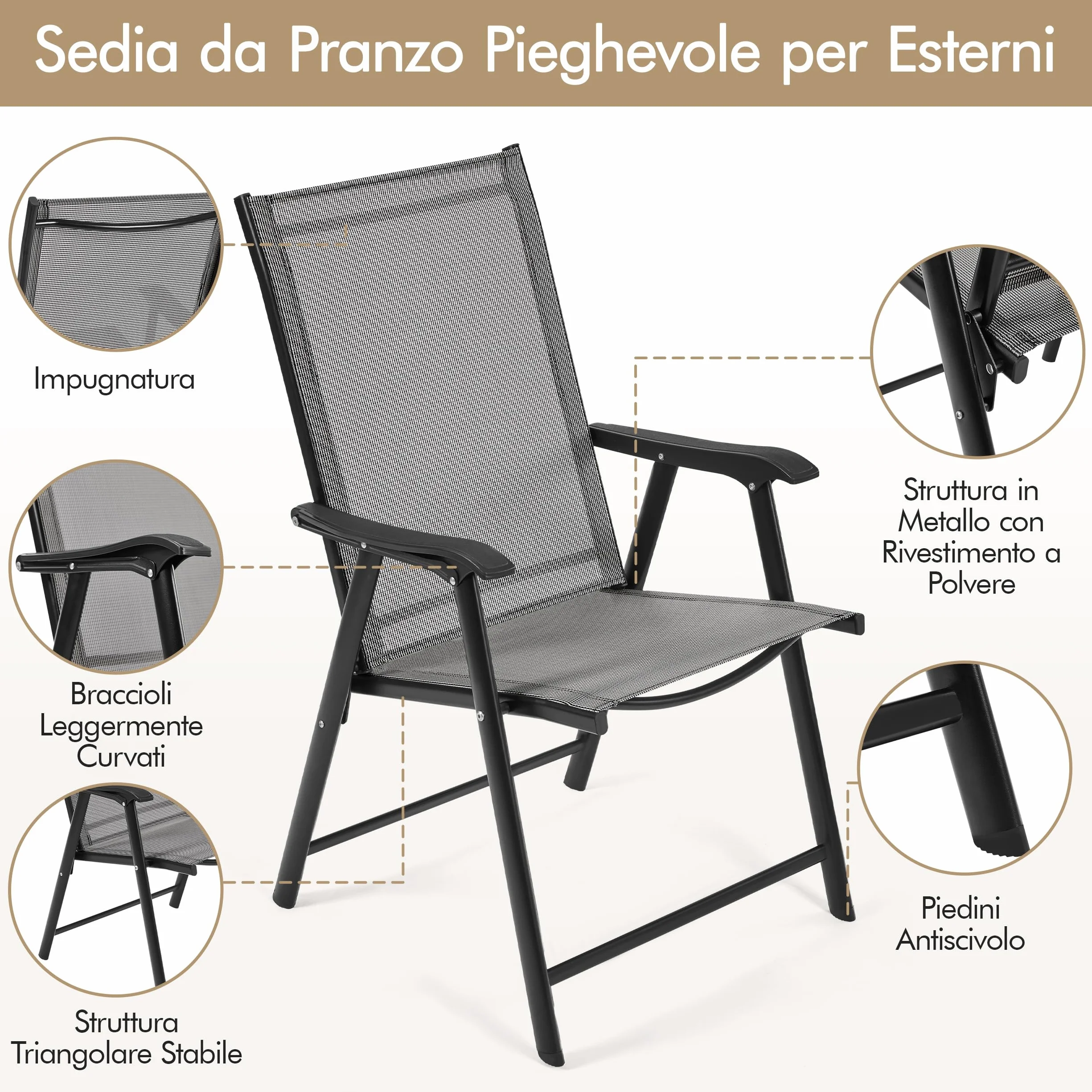 Yaheetech Set di 2 Sedie da Giardino Pieghevoli con Braccioli in Tela Grigio