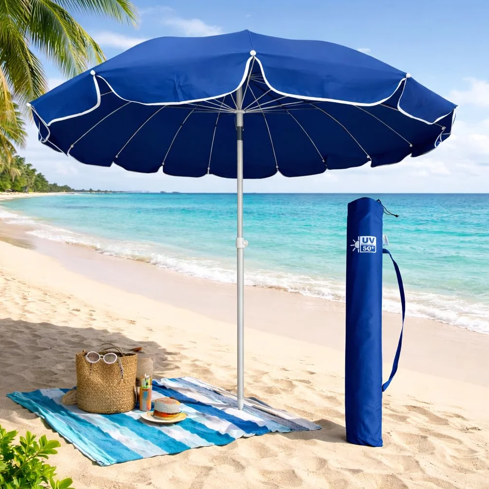 DANYX Ombrellone Mare 220 cm Antivento UV50+ 16 Stecche Fibra di Vetro Palo Alluminio Inclinabile Airvent