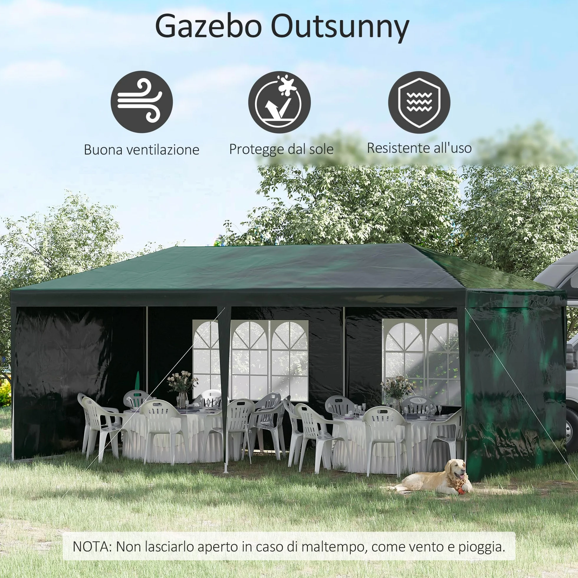 Outsunny Gazebo Giardino 6x3m Acciaio PE Protezione UV Pareti Rimovibili Finestre Verde