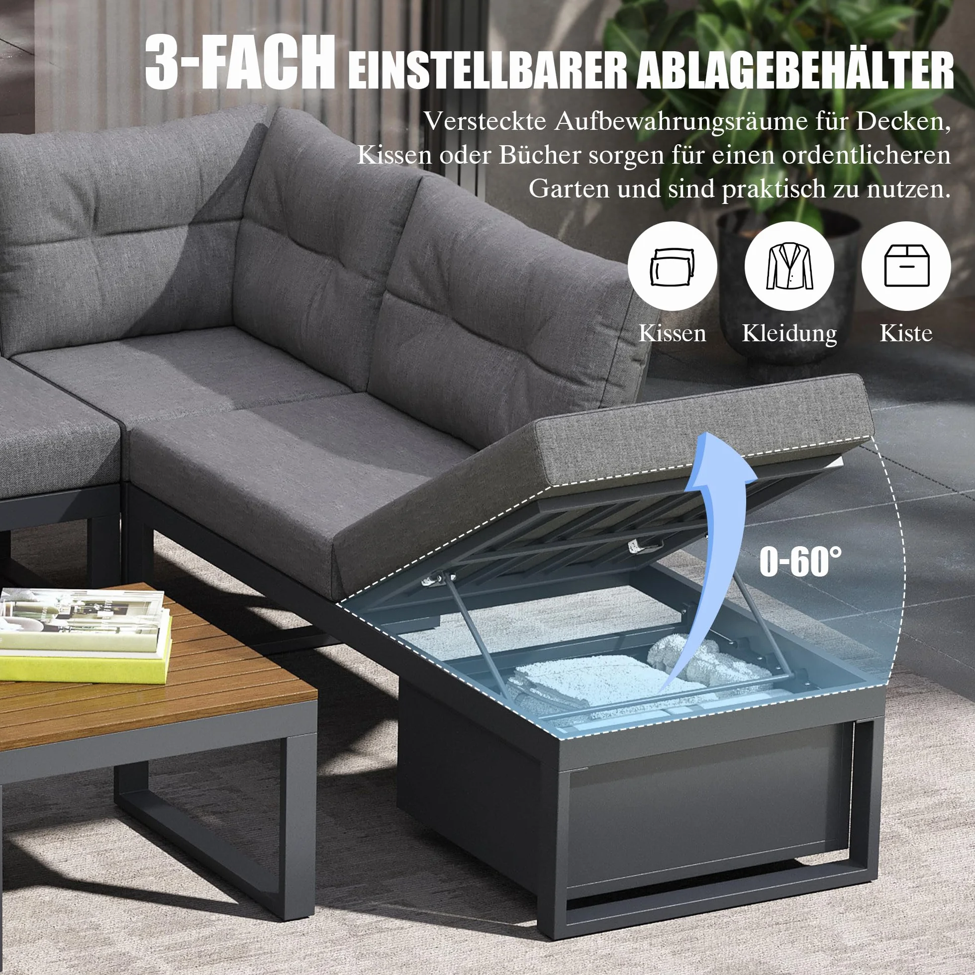 Set di mobili da giardino,Divano da giardino da esterno con schienale regolabile su 3 livelli,Divano con spazio di archiviazione e funzione di inclinazione,Adatto per terrazzi e giardini,Grigio
