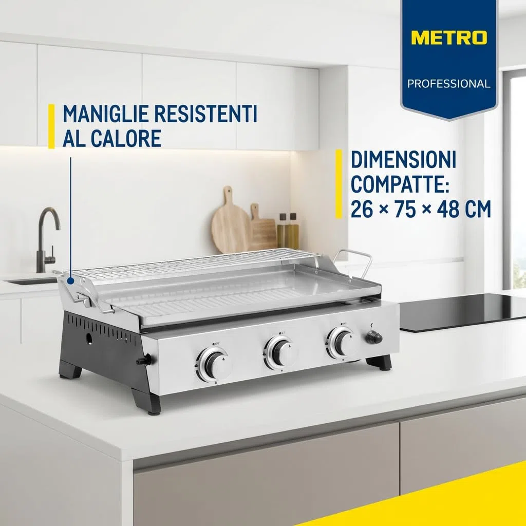 METRO PROFESSIONAL Barbecue a Gas Tornada 3 Bruciatori Piastra Acciaio Inox 61.5×32 cm 7.5 kW Argento