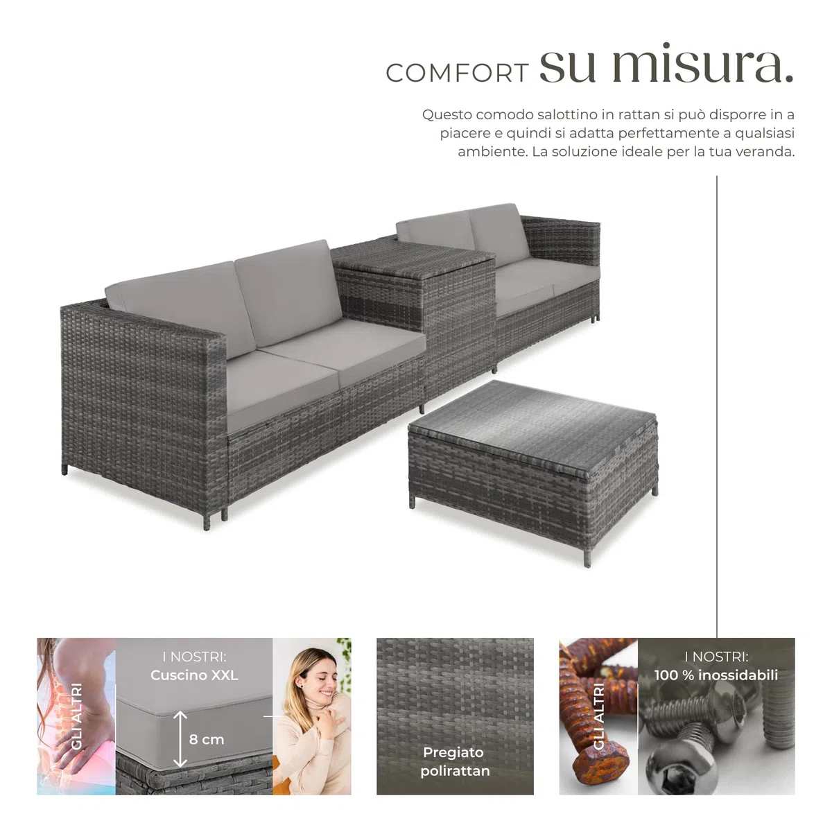 tectake® Salottino in Rattan, 2 Divani per Esterno con Cuscini, 1 Tavolo con Piano in Vetro, 1 Contenitore di Custodia, Salotto da Giardino Esterno, Salottino da Esterno - Grigio/Grigio Chiaro