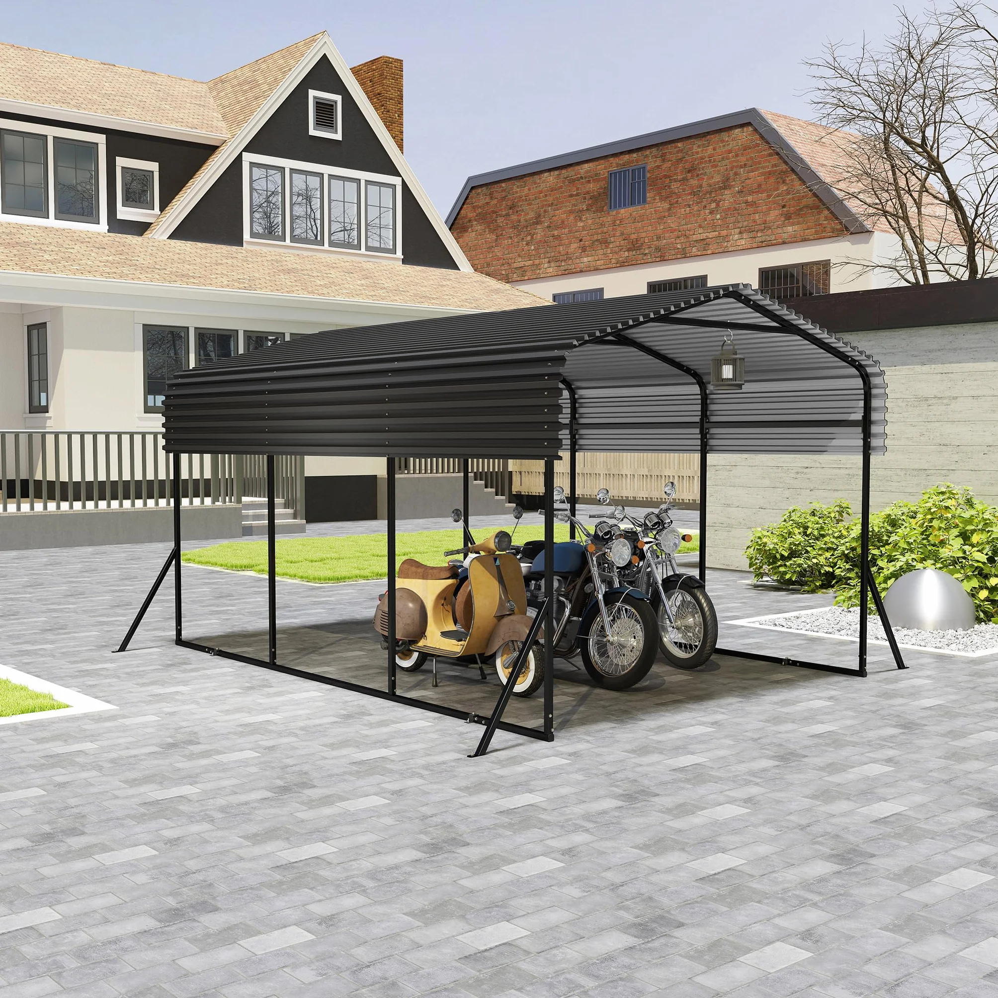 UISEBRT Garage per tenda auto da esterno | 10 x 15 FT | Carport in metallo nero | Robusto riparo auto da esterno | Ombreggiatura con tetto in metallo zincato per auto e barche tenda bivacco