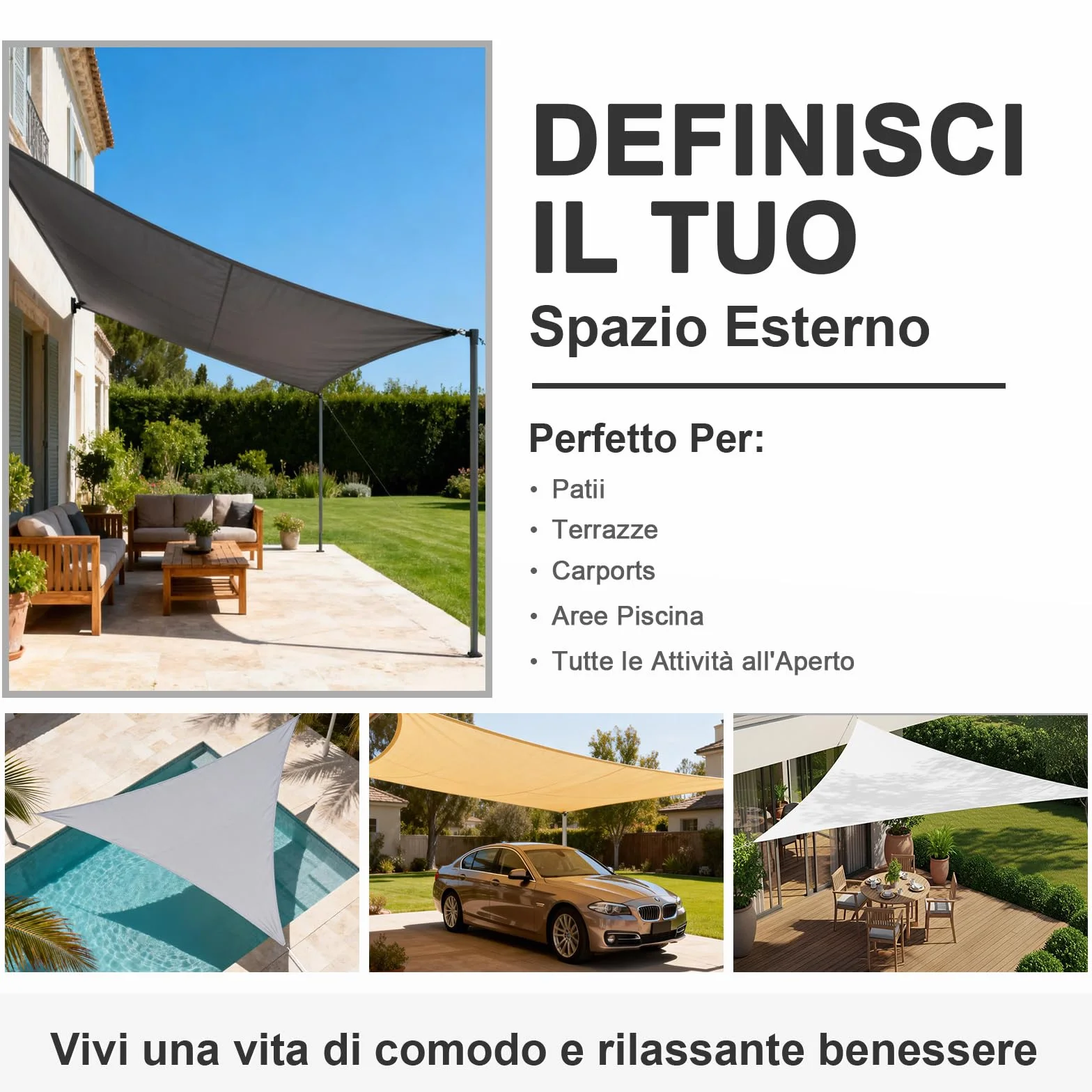 Tenda a Vela Impermeabile Rettangolare 3x4m Vela Ombreggiante Parasole Protezione Raggi UV per Esterno Giardino Beige
