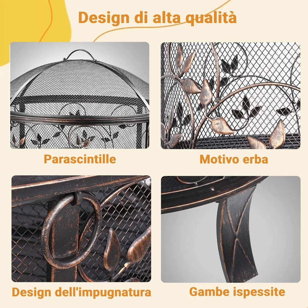 TLGREEN Braciere da giardino, braciere da Esterno con parascintille, stabile, fire pit 71 x 65 cm, con griglia per poker, 4 PCS piede, campeggio, spiaggia, tetto, look retrò, squisito motivo erba