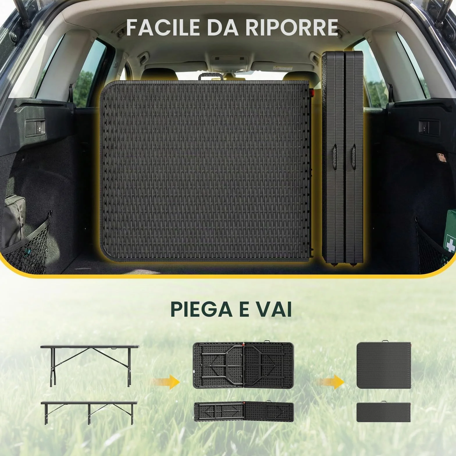 JUMMICO Set da Esterno 3 Pezzi Tavolo Giardino Pieghevole Effetto Rattan HDPE 300kg per Campeggio BBQ