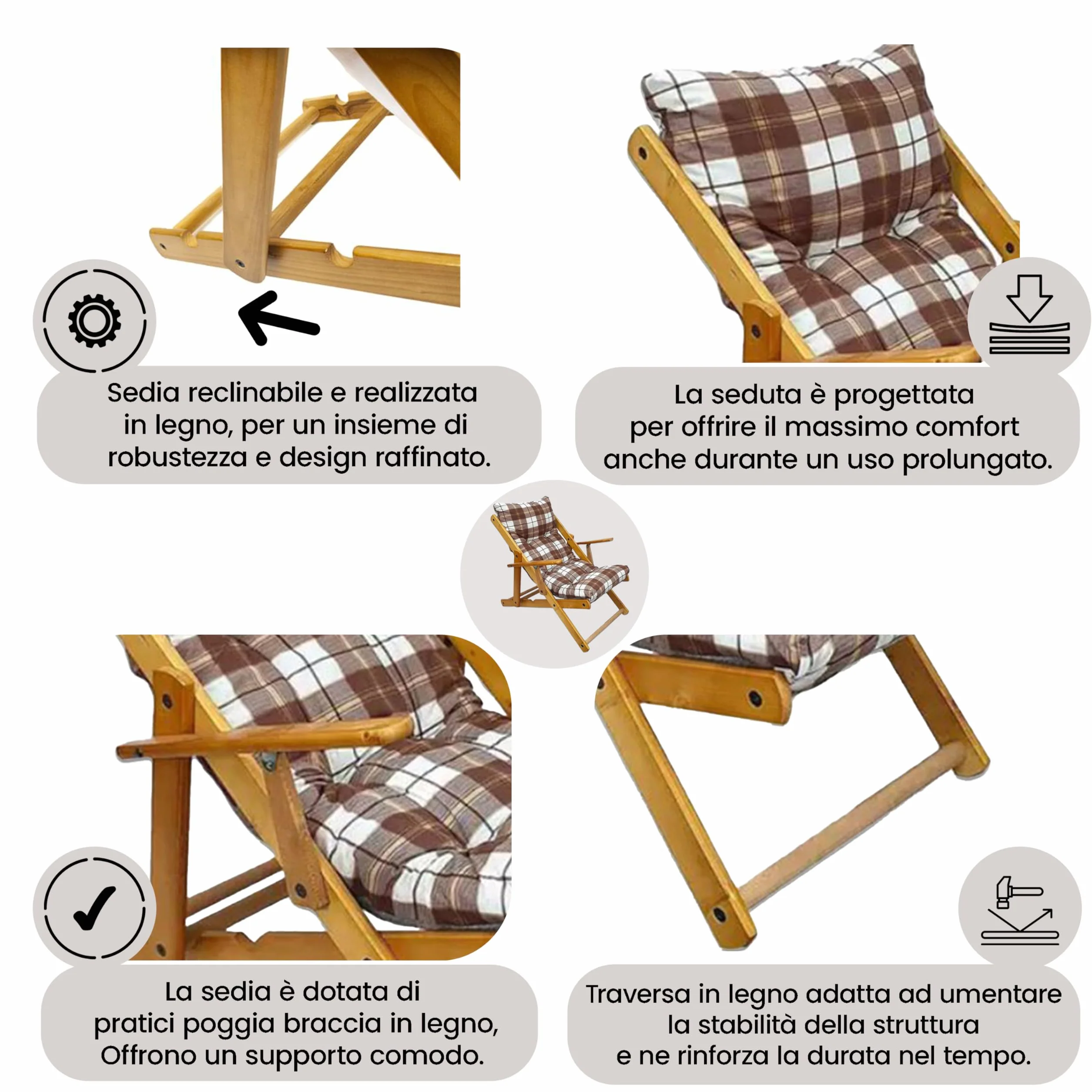 MAURY'S Poltrona Sdraio Harmony Relax w Legno 3 posizioni z Cuscino Imbottito (Scozzese)