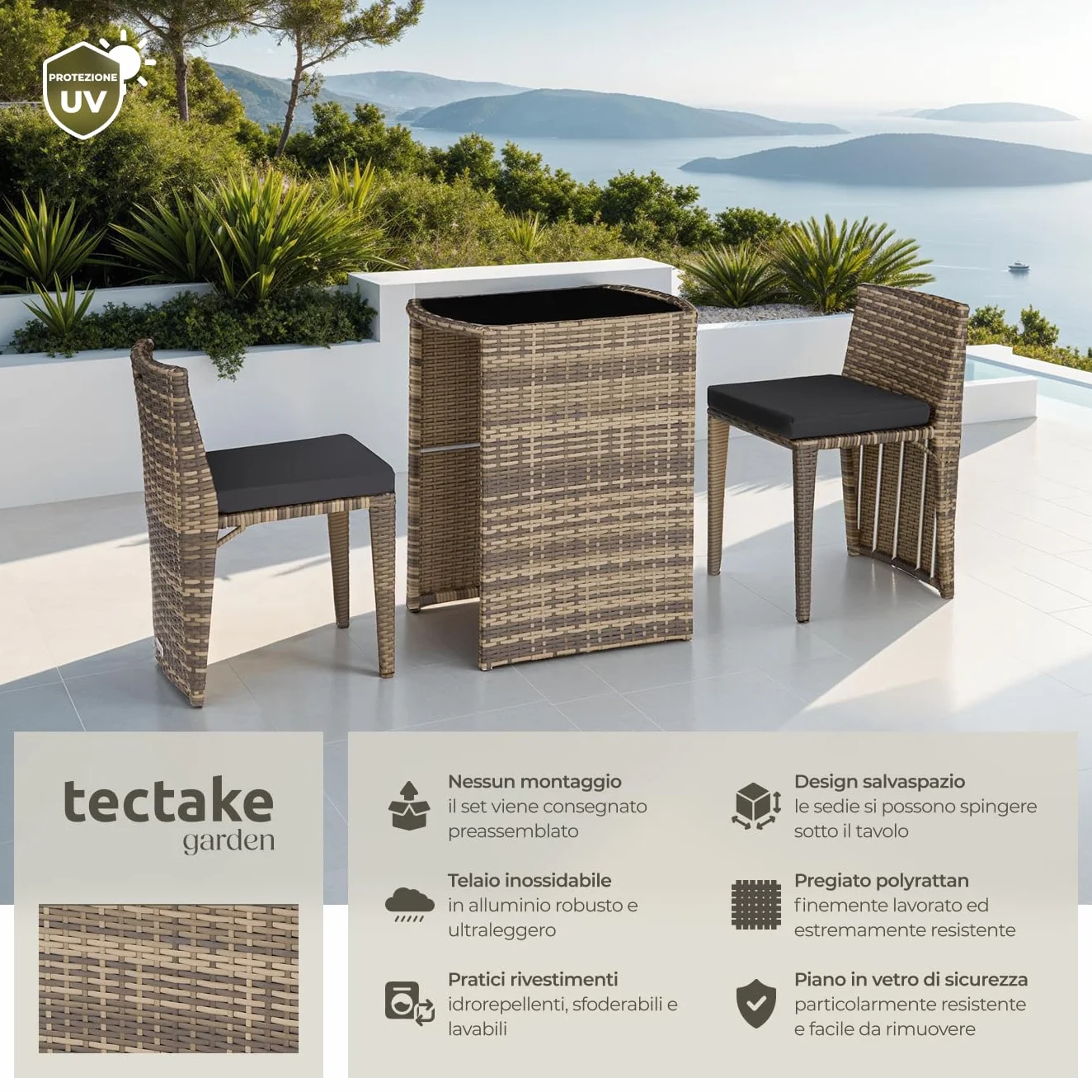 Set Bistrot Rattan Amburgo con Cuscini Idrorepellenti e Telaio in Alluminio