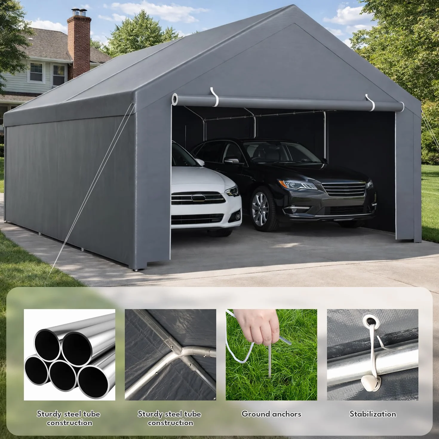 Tenda da garage impermeabile 3x6 m in PE con struttura in acciaio grigio