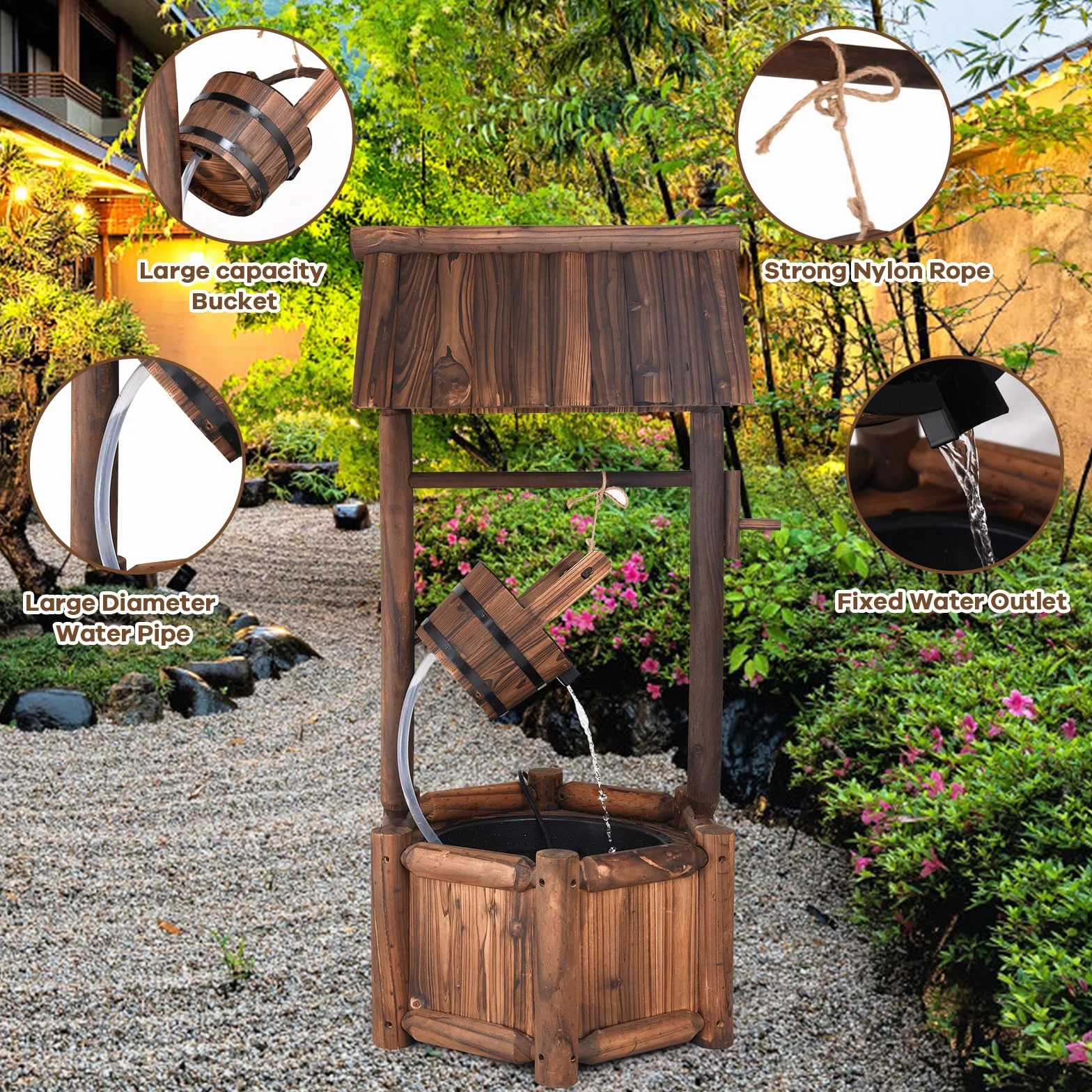 SOARS Fontana da giardino con tetto per esterni, fontana in legno con pompa elettrica e secchio in legno, fontana decorativa per cortile e prato, 59 x 56 x 115 cm
