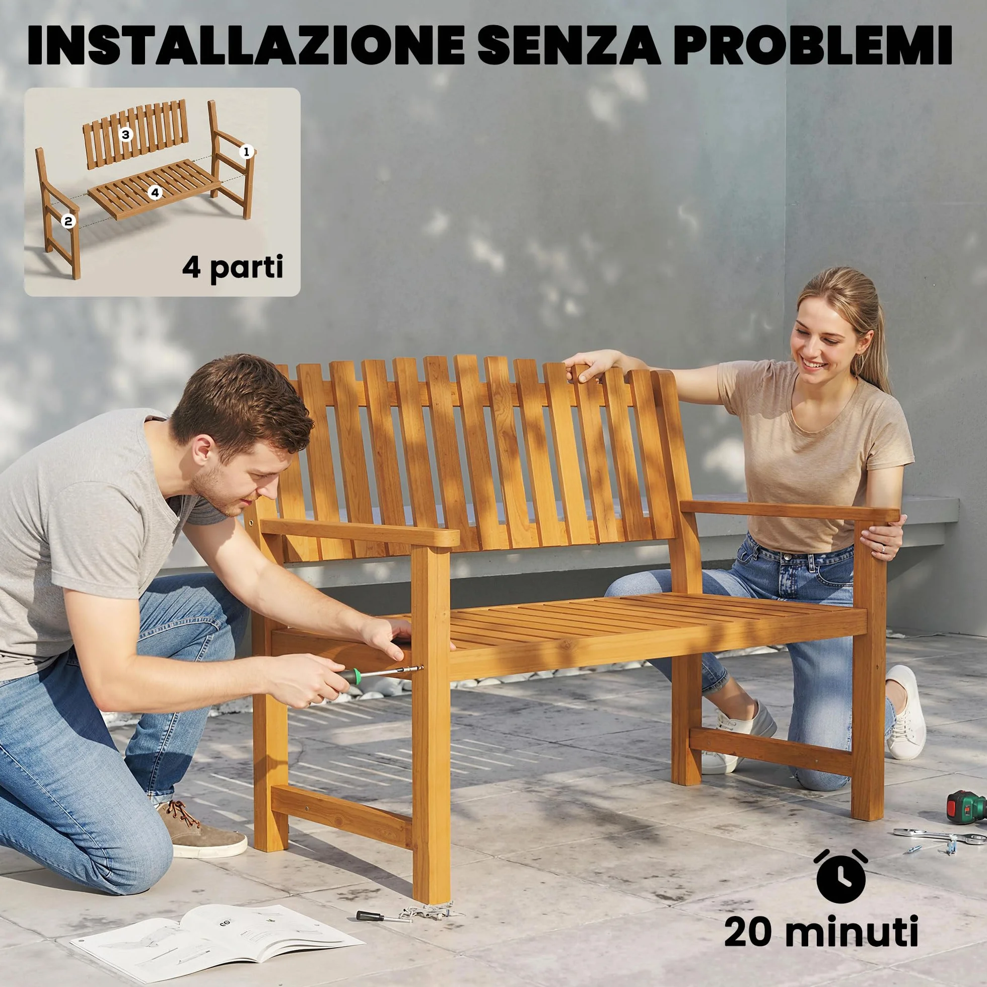 Outsunny Panchina da Esterno 2 Posti in Legno di Acacia FSC, Panchina da Giardino con Braccioli, Seduta e Schienale a Doghe, Max 320 kg, Panca da Esterno per Parco Terrazza, 112x64x92cm, Color Legno