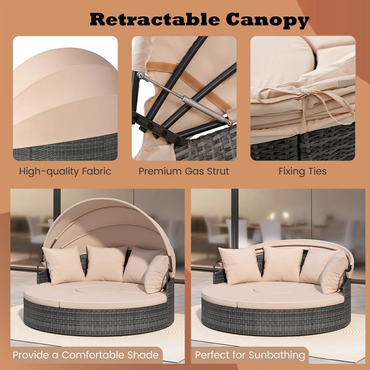LIFEZEAL Isola Prendisole, Rattan Intrecciato a Mano, Componibile, Letto con Tettuccio Parasole Regolabile da Giardino Esterno, Salttto con Divani, Tavolino, Cuscini, Balcone, Mare, Piscina (beige)