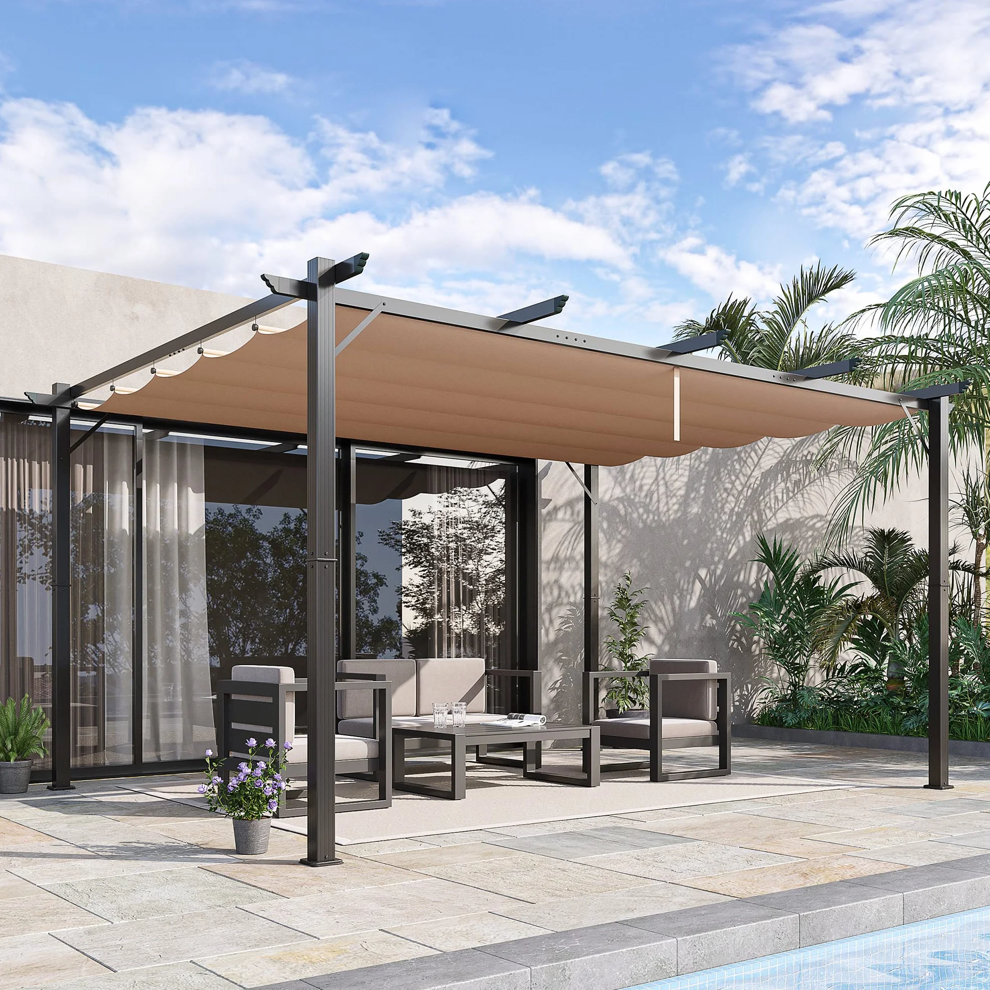 Outsunny Pergolato da Giardino 3x4m Gazebo Pergola Esterno Grigio Marrone