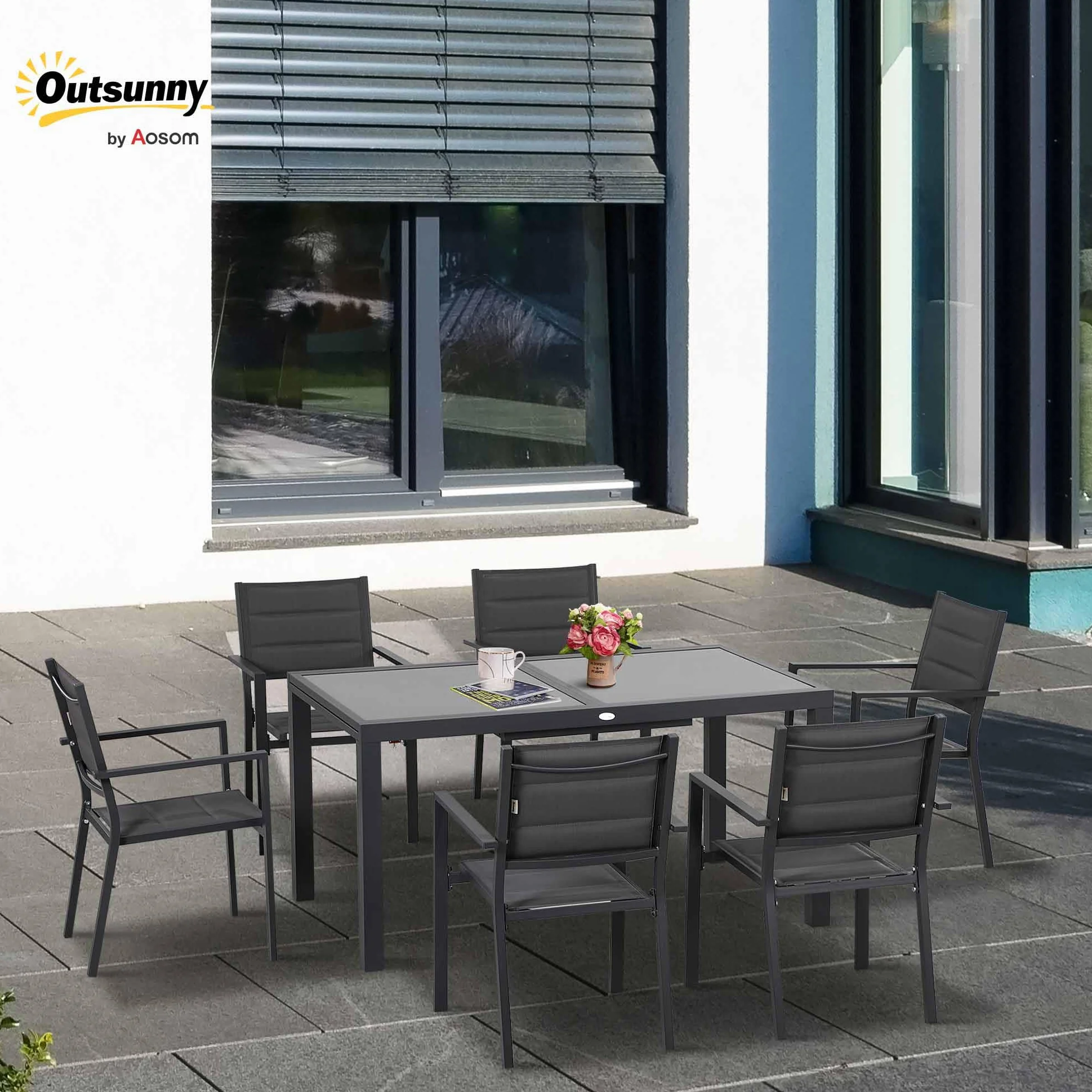 Outsunny Set Tavolo e Sedie da Giardino 7 Pezzi, Alluminio, Tavolo Rettangolare Allungabile, 6 Sedie Impilabili Texteline, Grigio Scuro
