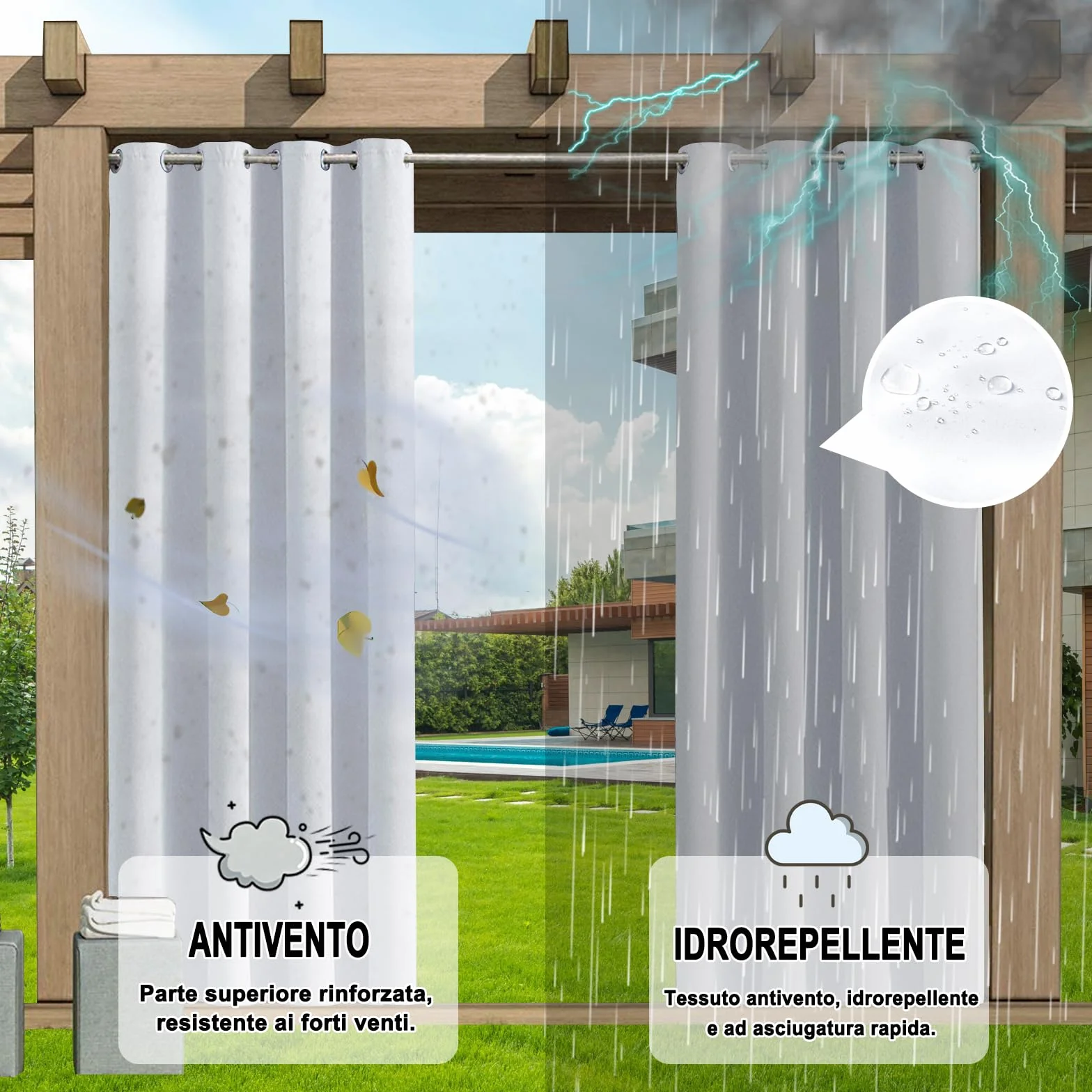 Tende da Sole per Esterno con Anelli - 1 Pezzo. Tessuto antivento, idrorepellente, 23 Colori, Protezione Solare Privacy per Balcone Gazebo Pergola Veranda - 254L x 241A cm