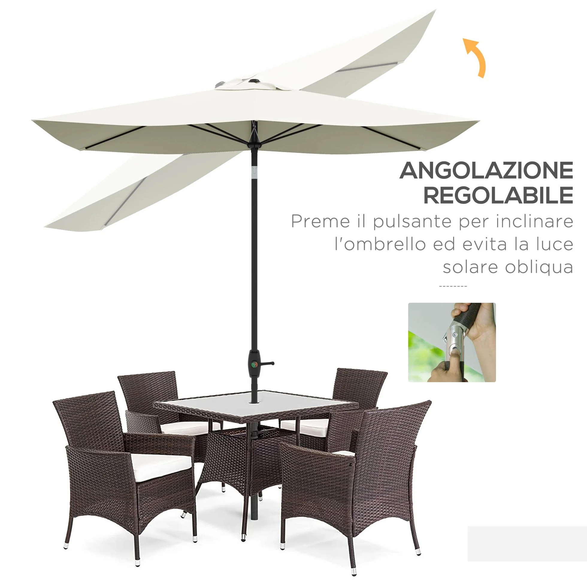 Outsunny Ombrellone Rettangolare 2x3m Alluminio UV 50+ con Apertura a Manovella e Inclinazione Regolabile