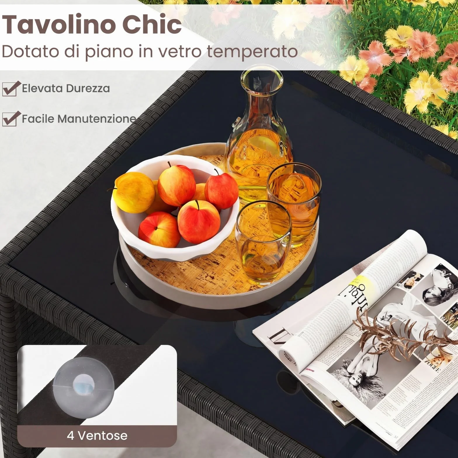 COSTWAY Set Salotto da Giardino 4 Pezzi, Divanetto e Poltrone in Rattan con Tavolino da Caffè in Vetro Temperato, Grigio