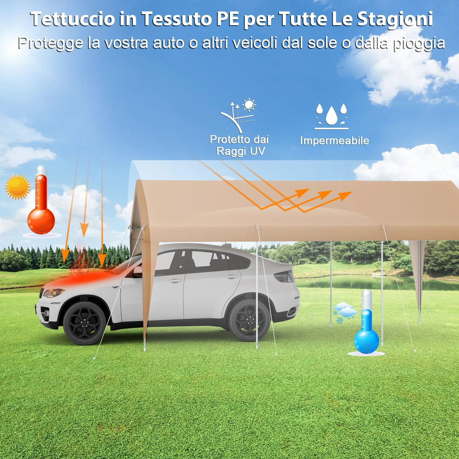 COSTWAY Gazebo Tenda per Posto Auto da Esterno, Tendone Garage per Auto, Carport Tenda Impermeabile in Metallo, 301 x 600 x 285 cm