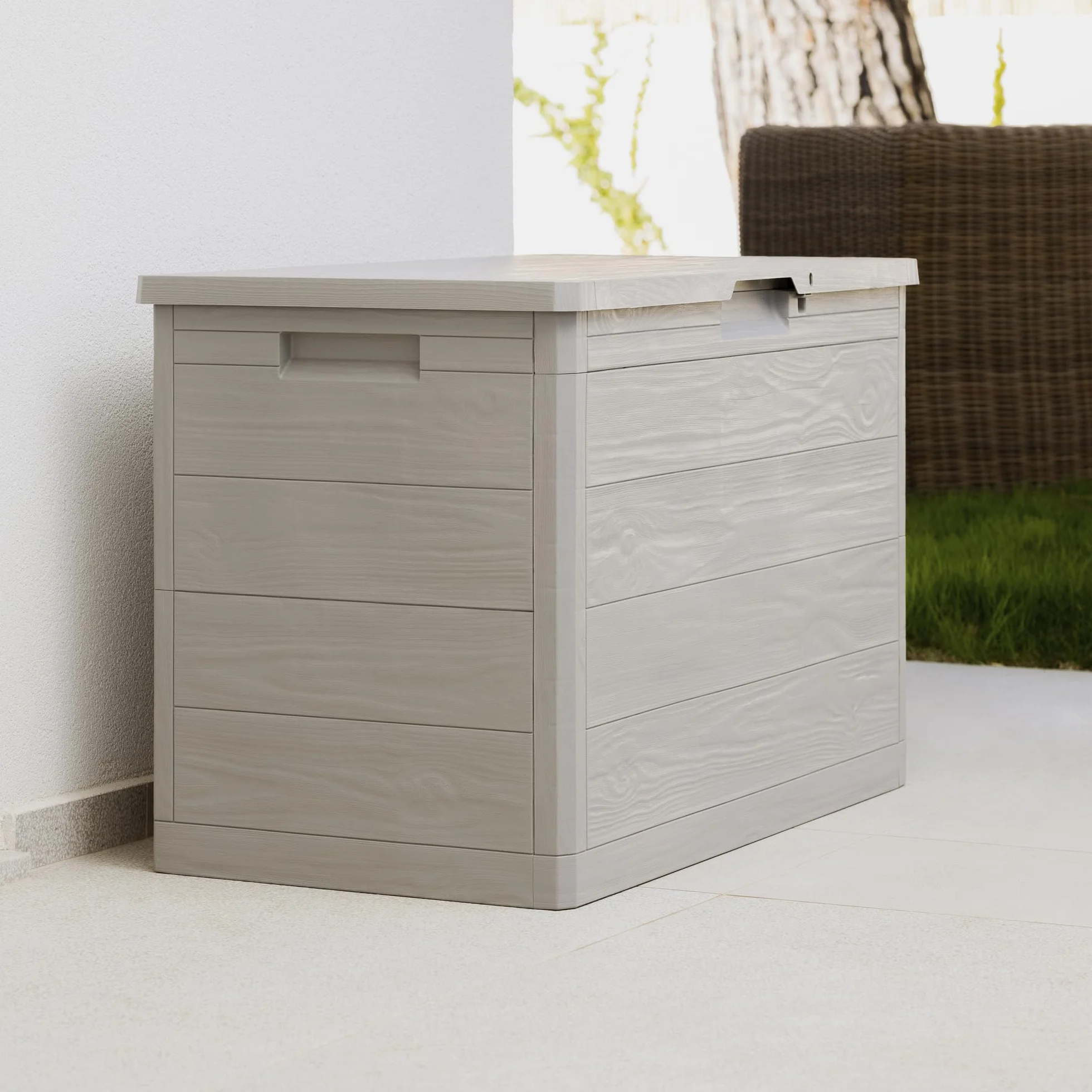 Toomax Multibox Woody's 160L portattrezzi 77,5x44,5x52,7h effetto legno grigio tortora plastica resistente UV foro lucchetto esterni