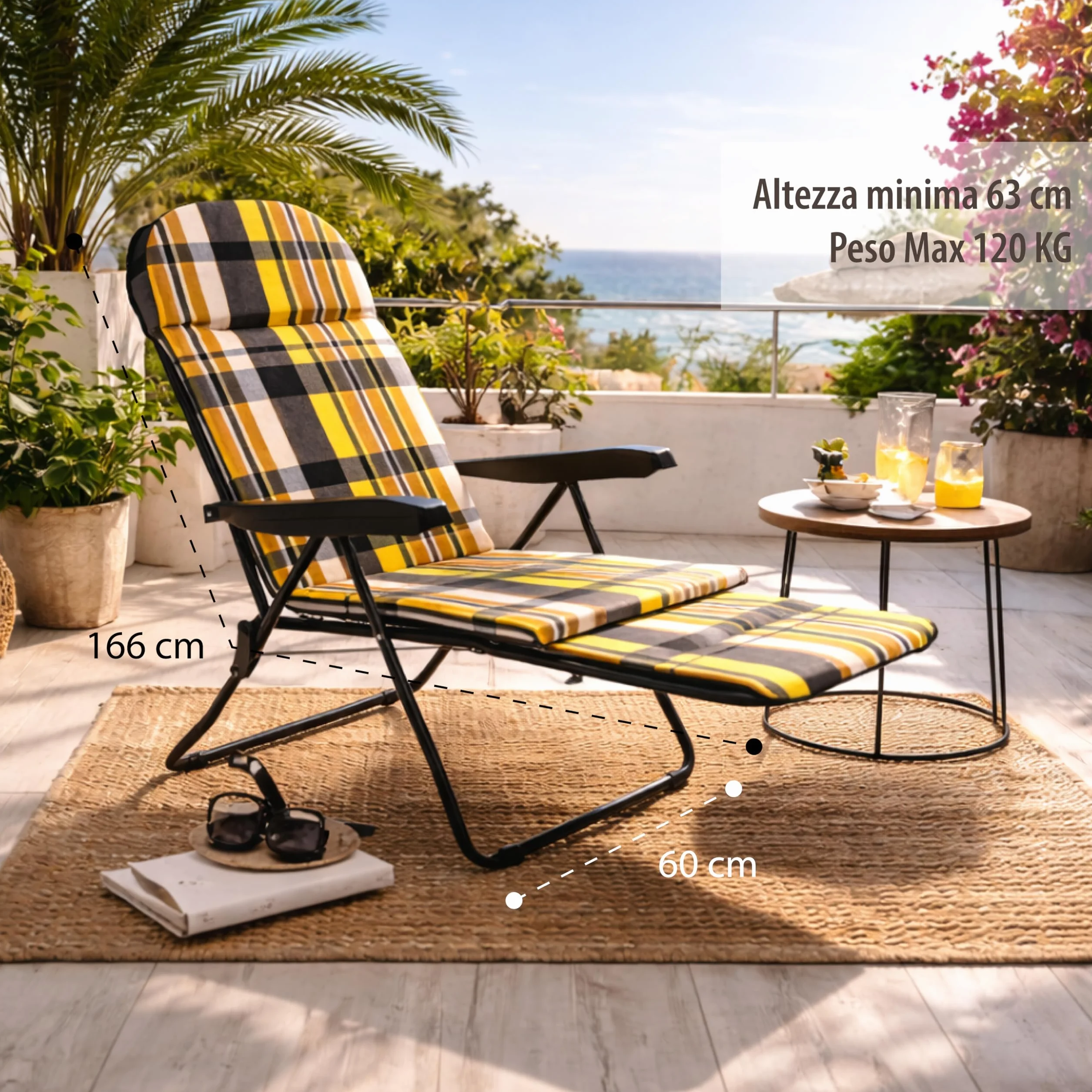 MA MAISON Sdraio Reclinabile Imbottita 166X60X63 cm - 6 Posizioni, con Prolunga Estraibile, Braccioli Ergonomici, Struttura in Acciaio, per Interno, Esterno - Made in Italy RIGHE GIALLO